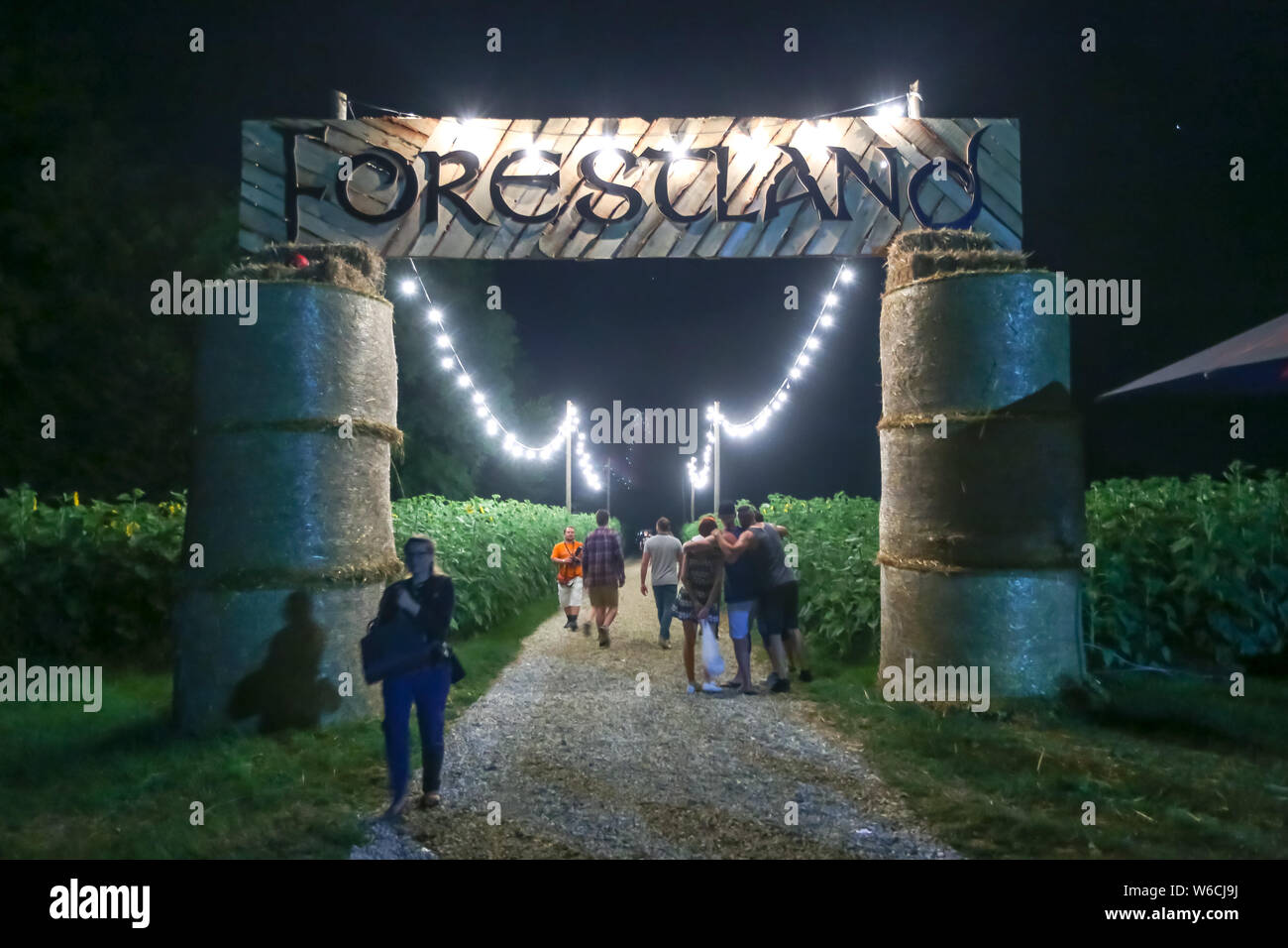Brezje, Croazia - 19 July, 2019 : la gente che passa attraverso il percorso del campo di girasole durante la Forestland, ultimate forest musica elettronica festiva Foto Stock