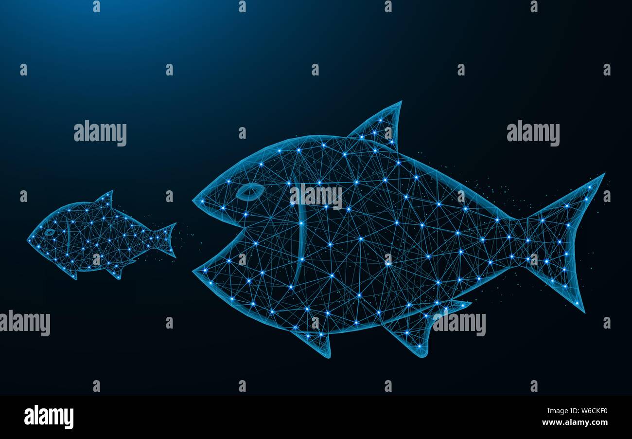 Grande mangia il pesce piccolo a bassa poli design, Predatore e preda astratta immagine geometrica, il mondo subacqueo di wireframe poligonale mesh illustrazione vettoriale realizzata fro Illustrazione Vettoriale