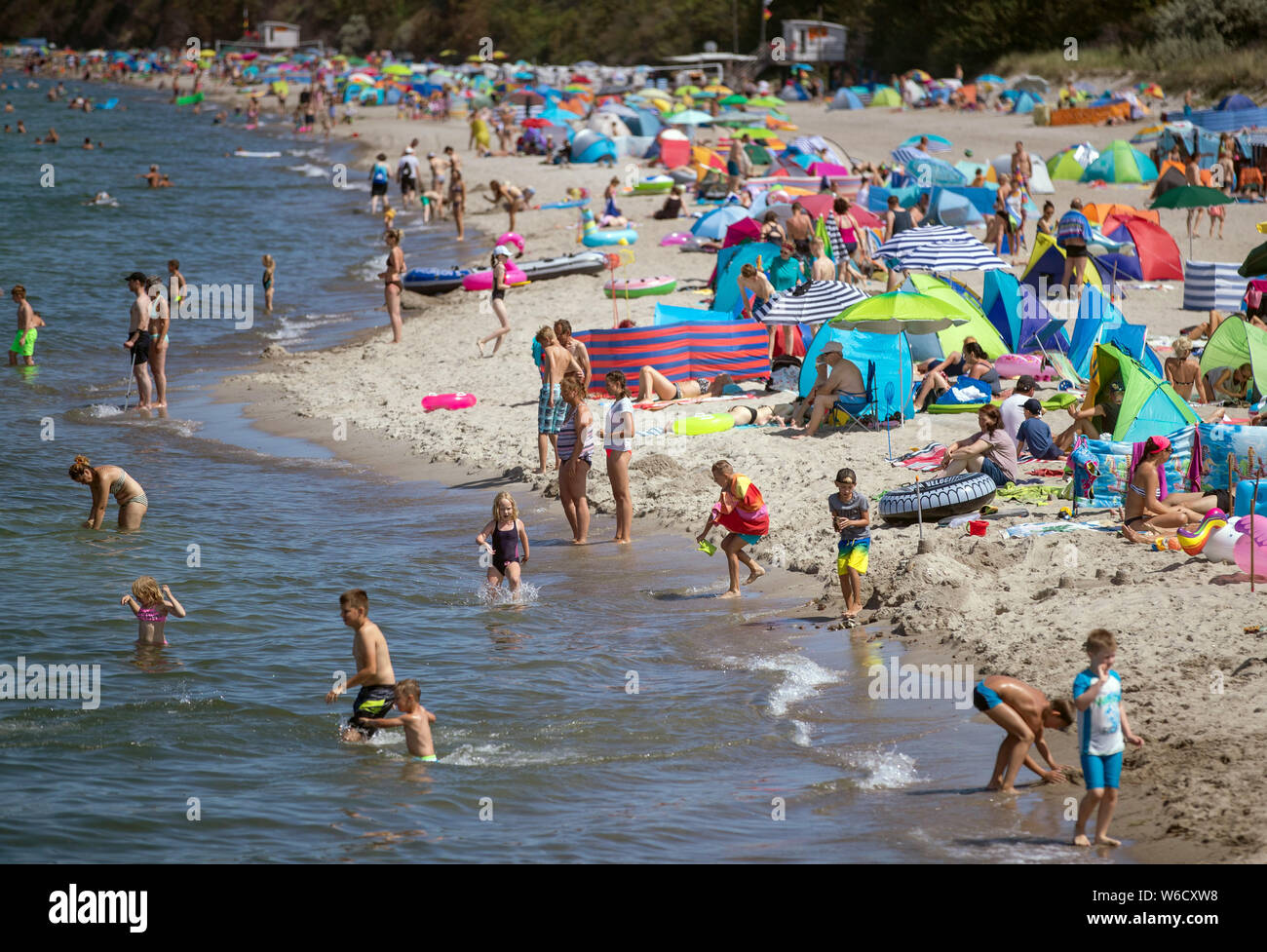 24 luglio 2019, Meclemburgo-Pomerania, Rerik: Full spiagge con le elevate temperature estive al Mar Baltico. Temperature fino a trenta gradi attrarre turisti e visitatori giornalieri a costa del Mar Baltico. Foto: Jens Büttner/dpa-Zentralbild/ZB Foto Stock