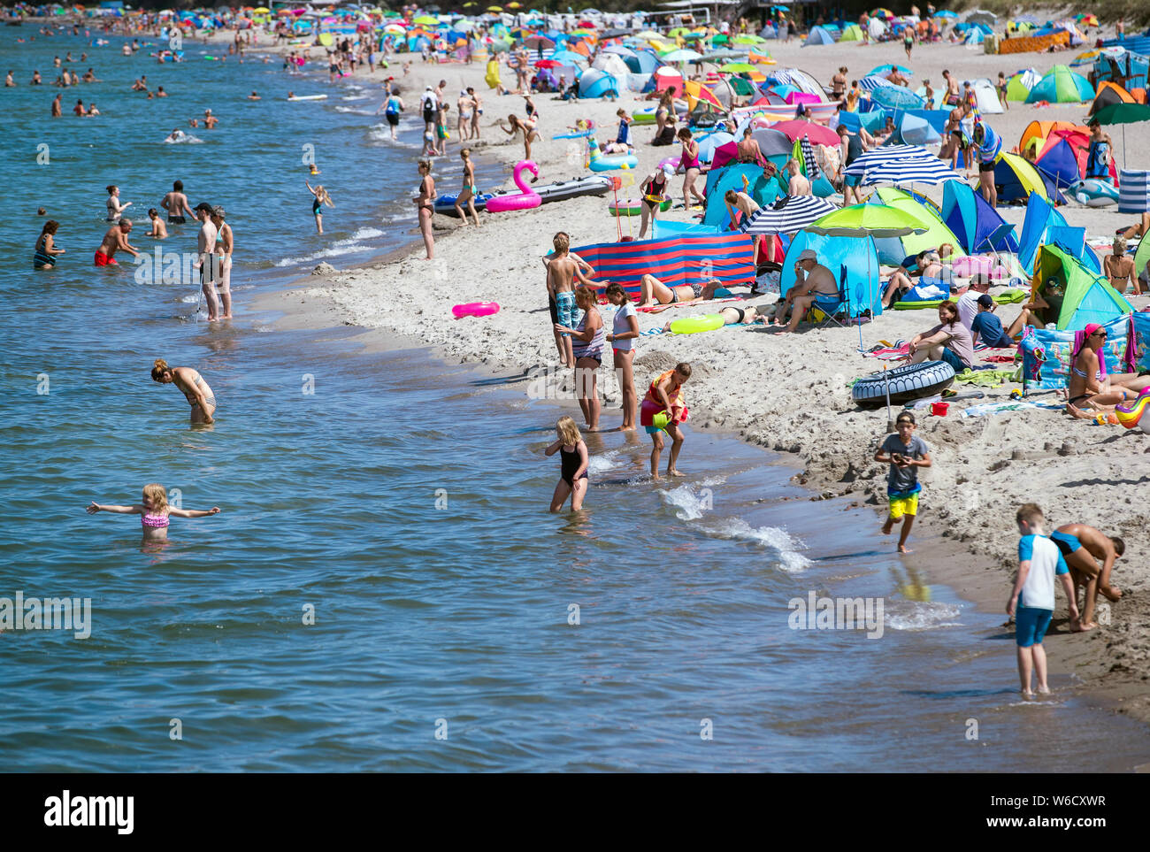 24 luglio 2019, Meclemburgo-Pomerania, Rerik: Full spiagge con le elevate temperature estive al Mar Baltico. Temperature fino a trenta gradi attrarre turisti e visitatori giornalieri a costa del Mar Baltico. Foto: Jens Büttner/dpa-Zentralbild/ZB Foto Stock