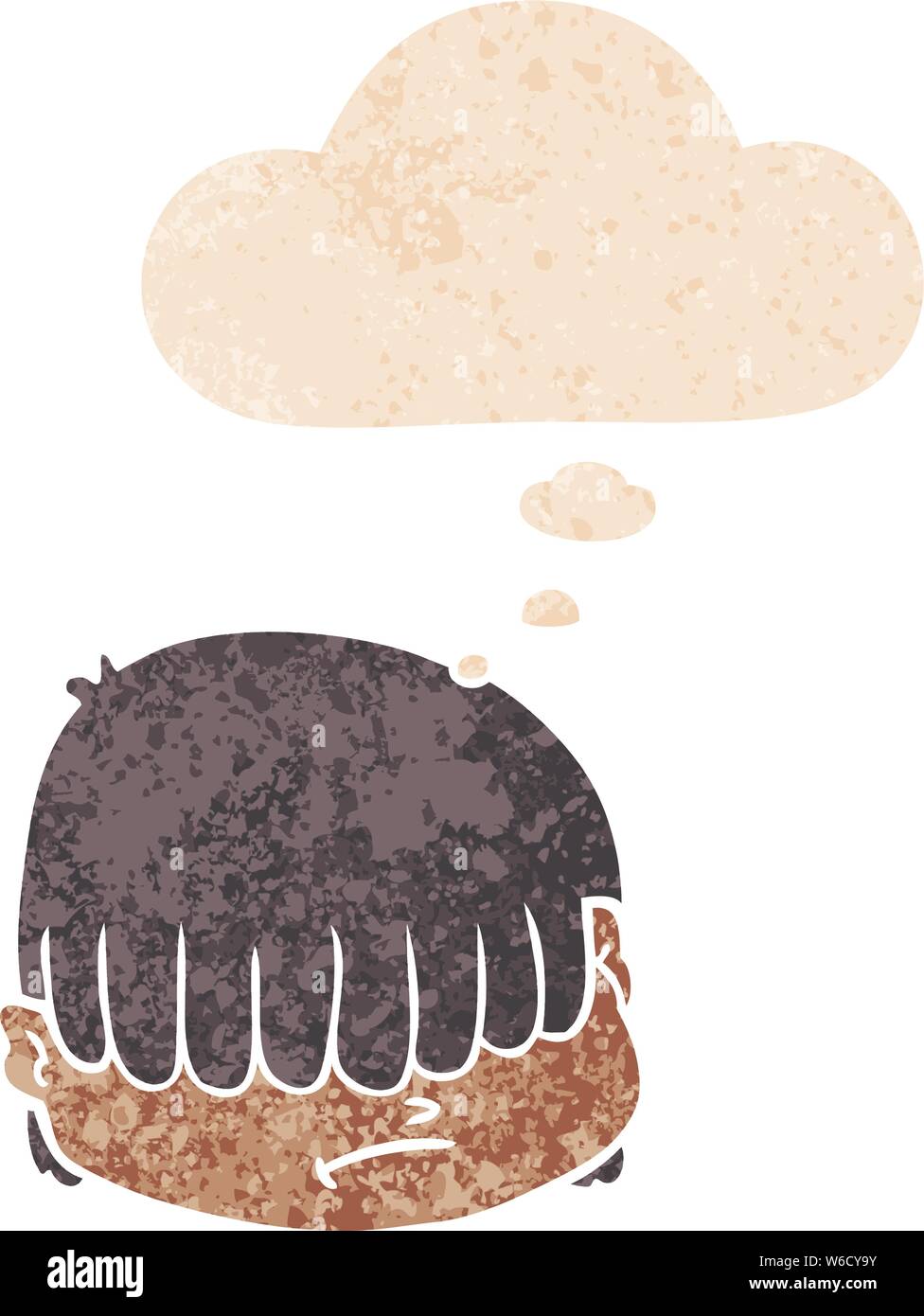 Cartoon faccia con capelli sopra gli occhi con bolle di pensiero in distressed grunge retrò stile testurizzata Illustrazione Vettoriale