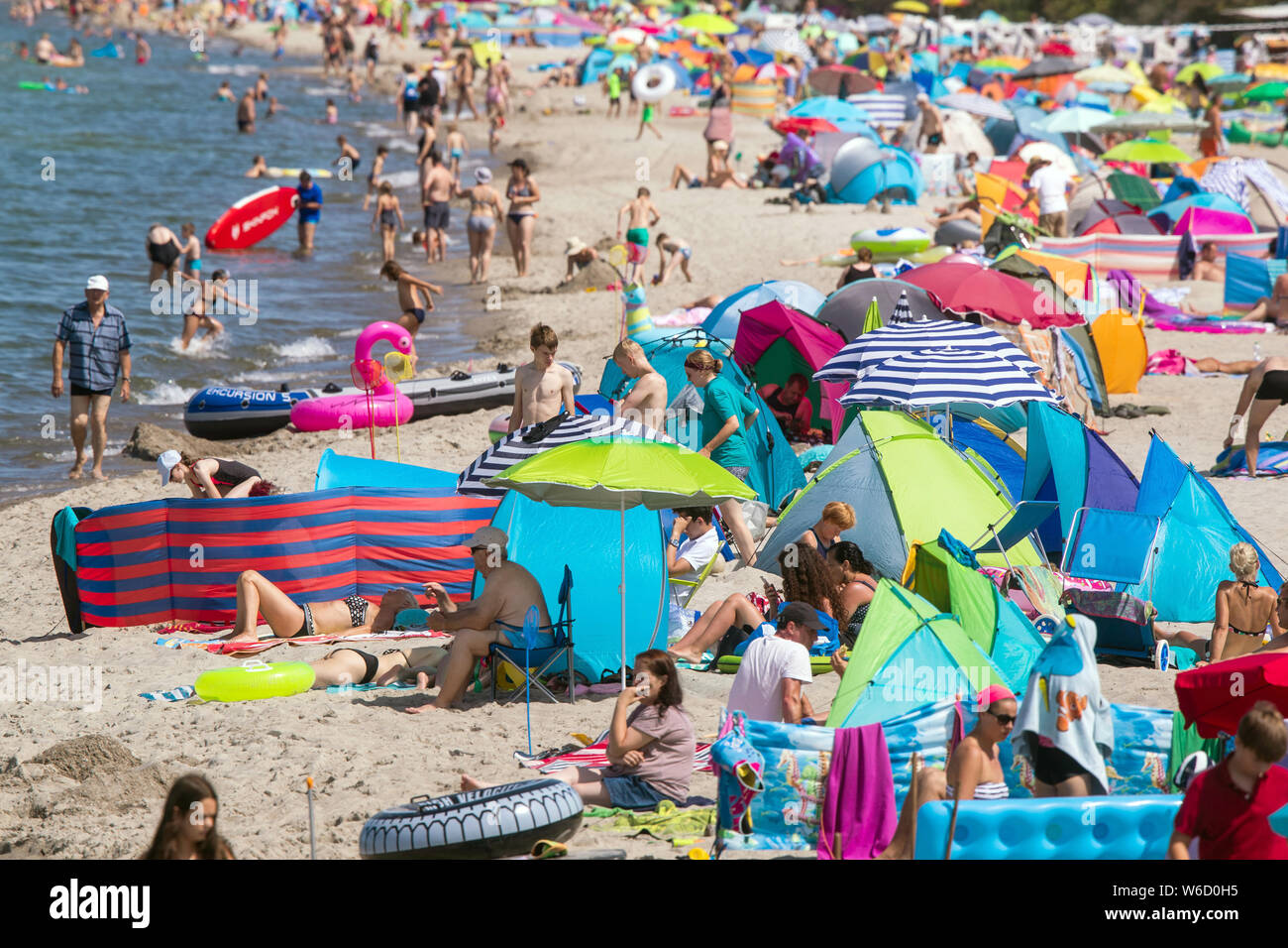24 luglio 2019, Meclemburgo-Pomerania, Rerik: Full spiagge con le elevate temperature estive al Mar Baltico. Temperature fino a trenta gradi attrarre turisti e visitatori giornalieri a costa del Mar Baltico. Foto: Jens Büttner/dpa-Zentralbild/ZB Foto Stock