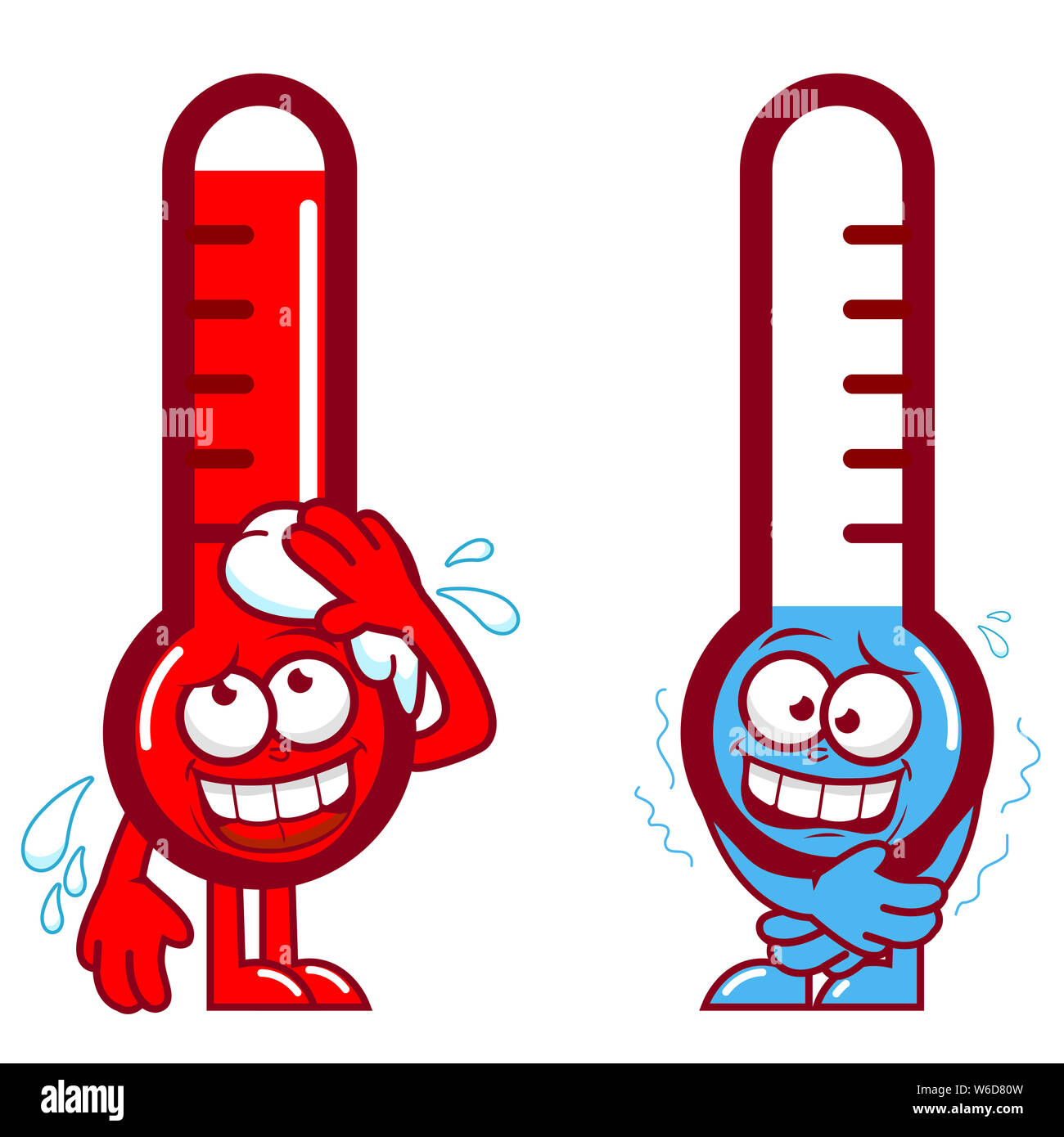 Caratteri termometrici caldi e freddi. Un termometro con sudorazione a caldo e brividi. Divertenti termometri cartoon che indicano temperature molto calde e fredde. Foto Stock