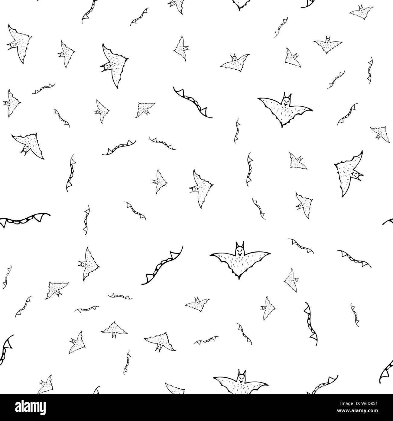 Bat e denti senza giunture contorno di Halloween in astratto stile. Bat nero e denti senza giunture contorno di Halloween su sfondo bianco. Decorazione di vacanza Illustrazione Vettoriale