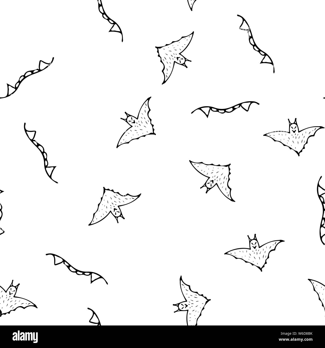 Bat e denti senza giunture contorno di Halloween in astratto stile. Bat nero e denti senza giunture contorno di Halloween su sfondo bianco. Decorazione di vacanza Illustrazione Vettoriale