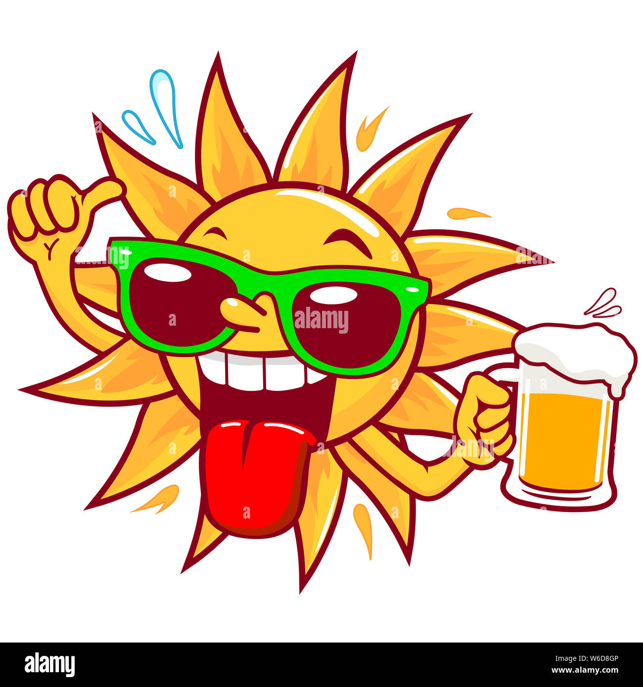 Un cartone animato divertente sole estivo con occhiali da sole verdi, bevendo un bicchiere di birra fredda. Vacanze estive relax al bar con drink per feste. Foto Stock