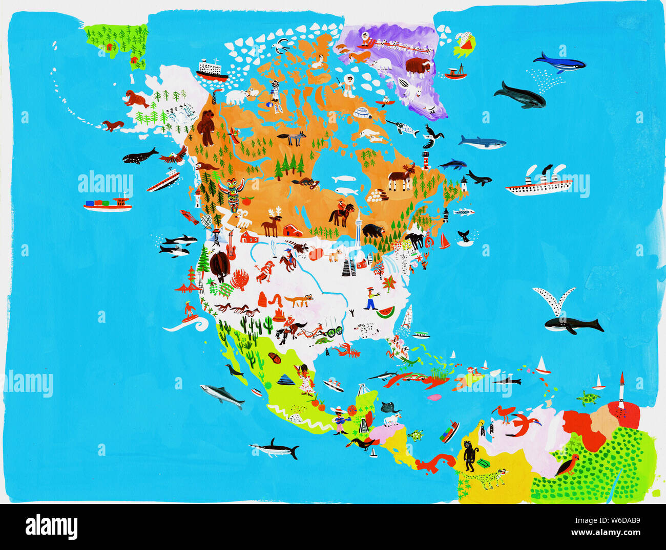 Mappa illustrata del Nord e Centro di cultura americana e della fauna e flora selvatiche Foto Stock