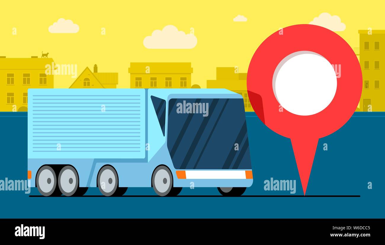 Moderno cargo camion rimorchio logistica vicino geotag gps navigatore posizione pin icona sulla città urbana strada. Servizio di monitoraggio delle consegne per il monitoraggio dei trasporti aziendali. Illustrazione del vettore del veicolo di spedizione Illustrazione Vettoriale