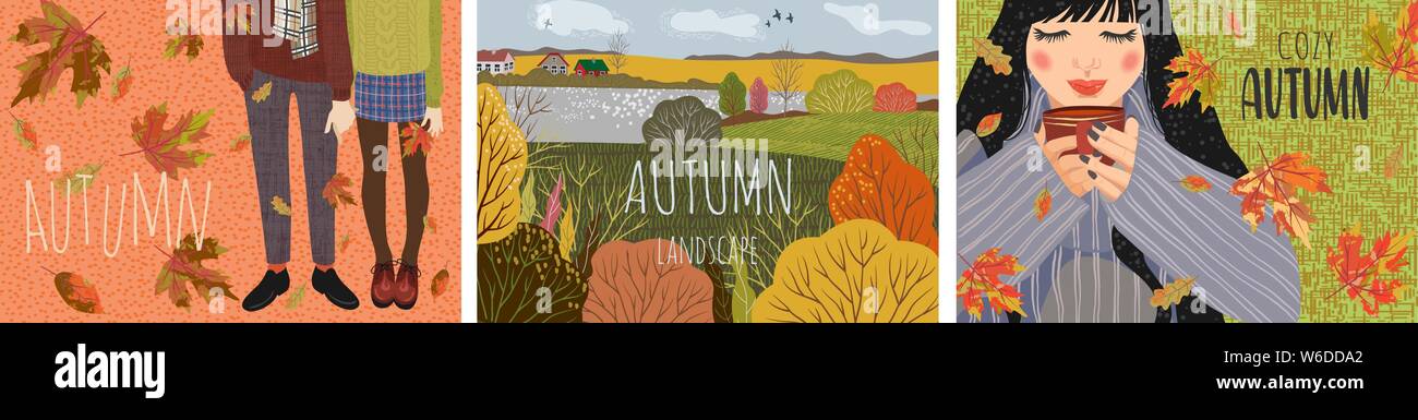 Accogliente l'autunno. Set di carino piana orizzontale illustrazione vettoriale con paesaggio sfondo naturale, le persone con una tazza di tè, in caldi scarpe e cadere le Illustrazione Vettoriale