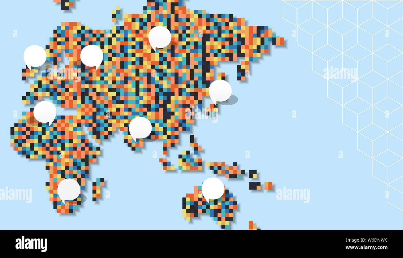 Oriente mappa Mondo illustrazione fatta di pixel colorati. Geometrica astratta pixel planet con copia vuota bolle dello spazio in Europa, Asia, Africa, Australia Illustrazione Vettoriale