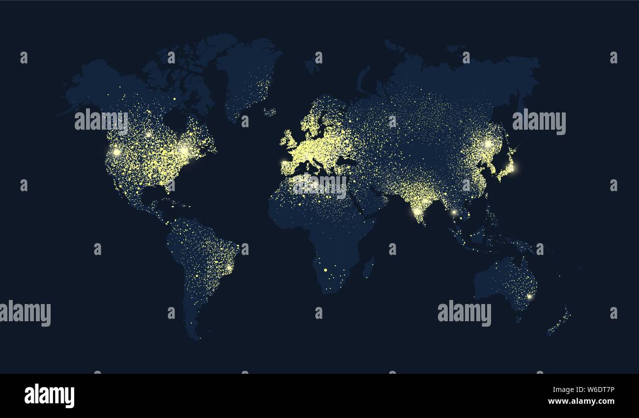 Mappa mondo illustrazione, pianeta terra luci di notte. In tutto il mondo la vista satellite di luci notturne o effetto glitter concetto. Illustrazione Vettoriale