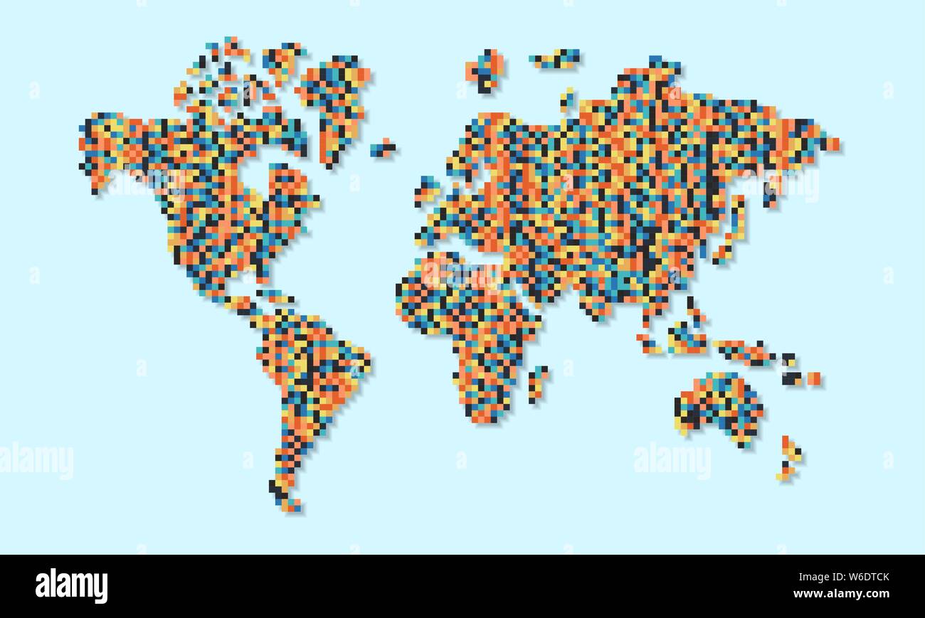 Il mondo colorato mappa illustrazione fatta di pixel multicolore. Geometrica astratta di pixel sul pianeta isolato sfondo. Illustrazione Vettoriale