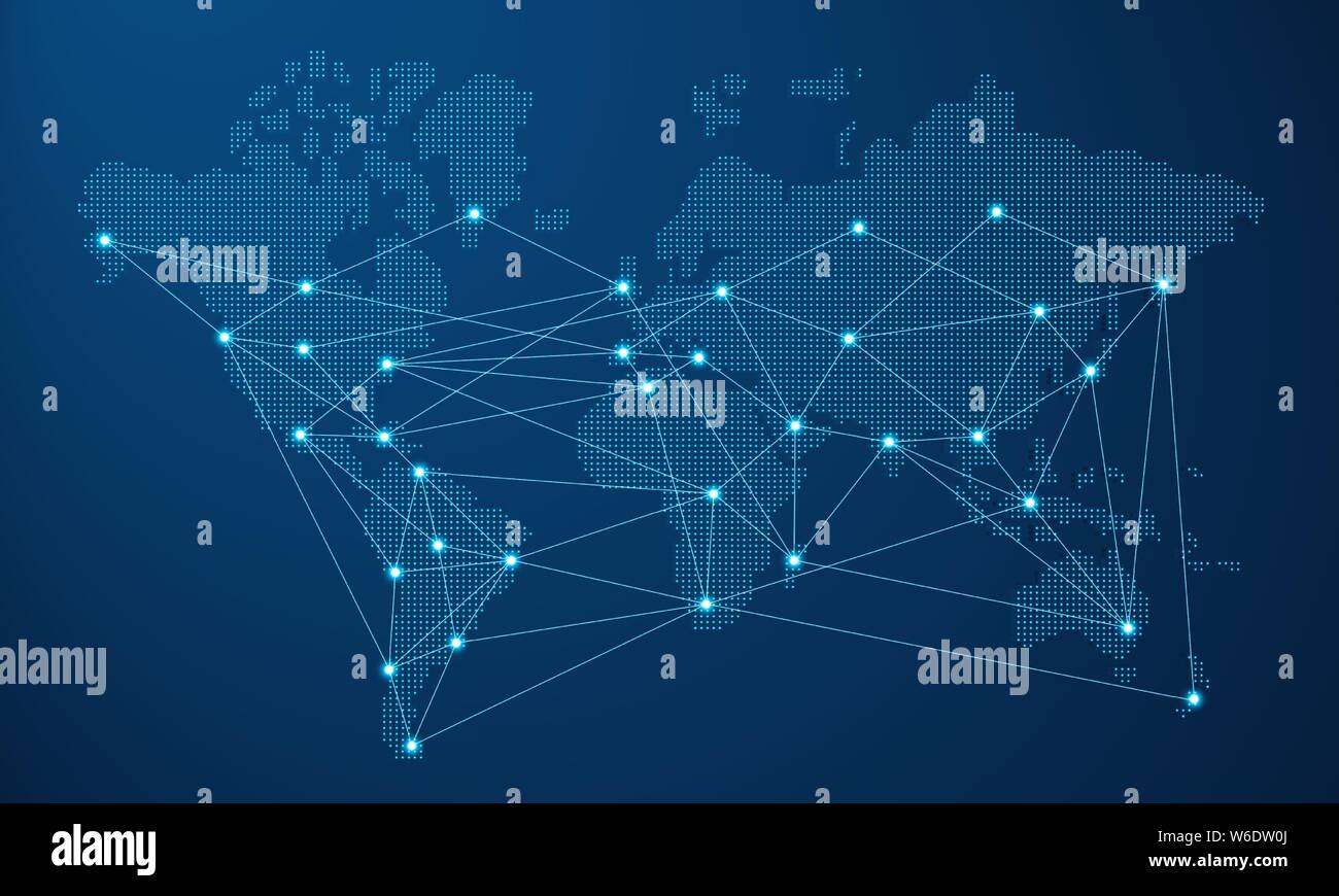 Moderno mondo blu mappa illustrazione futuristico con la connessione di rete numerica. La comunicazione via Internet di un concetto o di travel design. Illustrazione Vettoriale