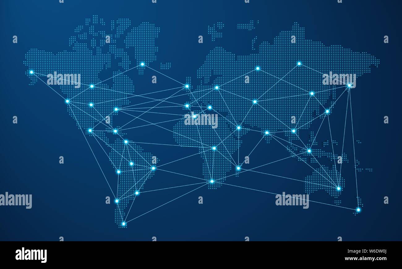 Moderno mondo blu mappa illustrazione futuristico con la connessione di rete numerica. La comunicazione via Internet di un concetto o di travel design. Illustrazione Vettoriale Moderno mondo blu mappa illustrazione futuristico con la connessione di rete numerica. La comunicazione via Internet di un concetto o di travel design. Illustrazione Vettoriale