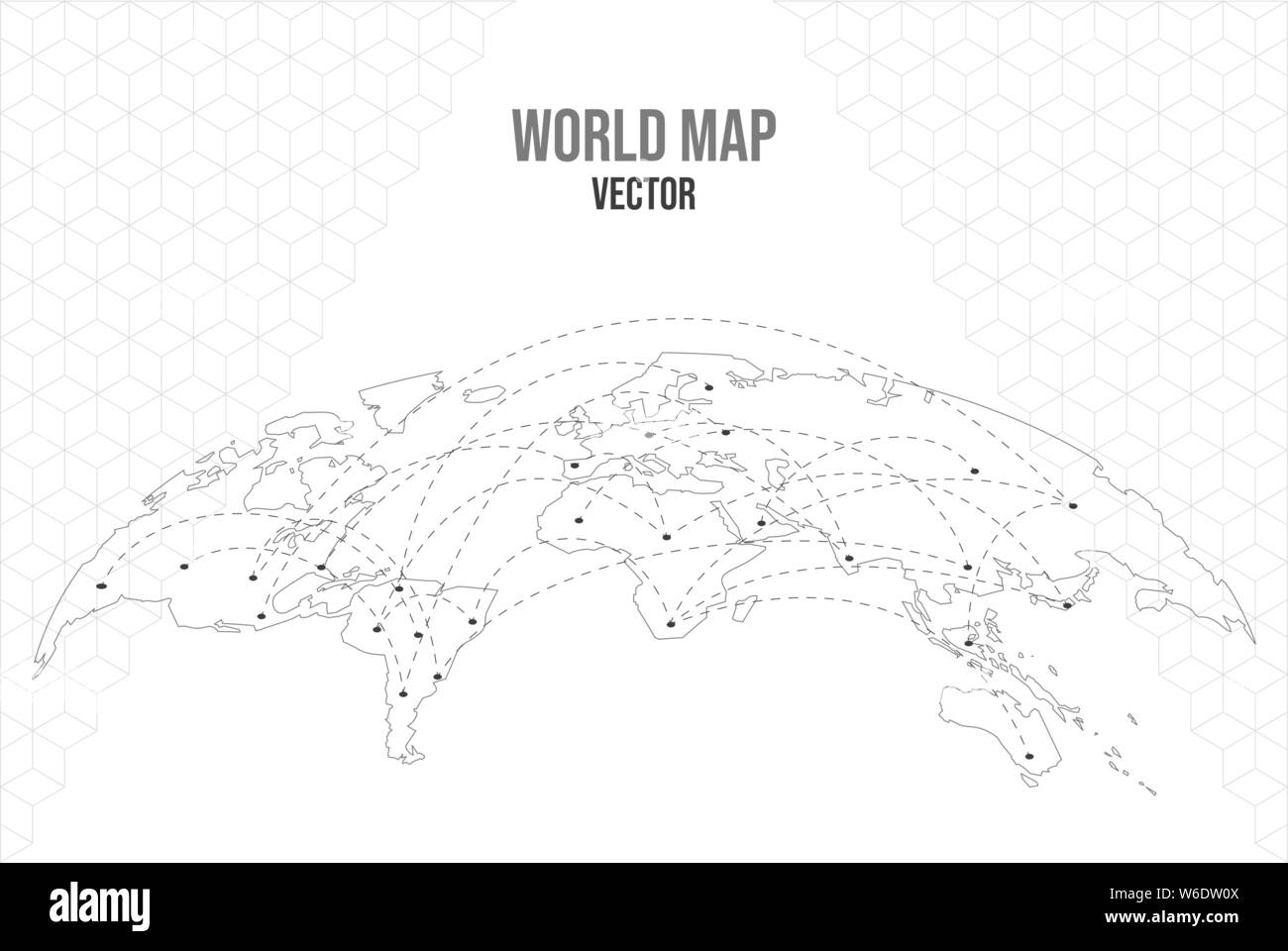 Mappa mondo illustrazione con connessione di rete di sedi in tutto il mondo. Globo vuoto modello isolato su sfondo bianco in prospettiva di curva. Illustrazione Vettoriale