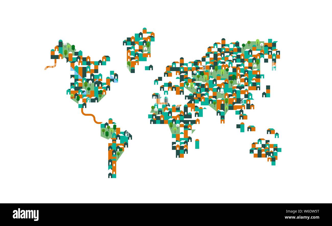 Mappa mondo illustrazione del piano geometrico cartoon case e parchi verdi con alberi. Concetto di popolazione graphic planet per global cura per l ambiente. Illustrazione Vettoriale