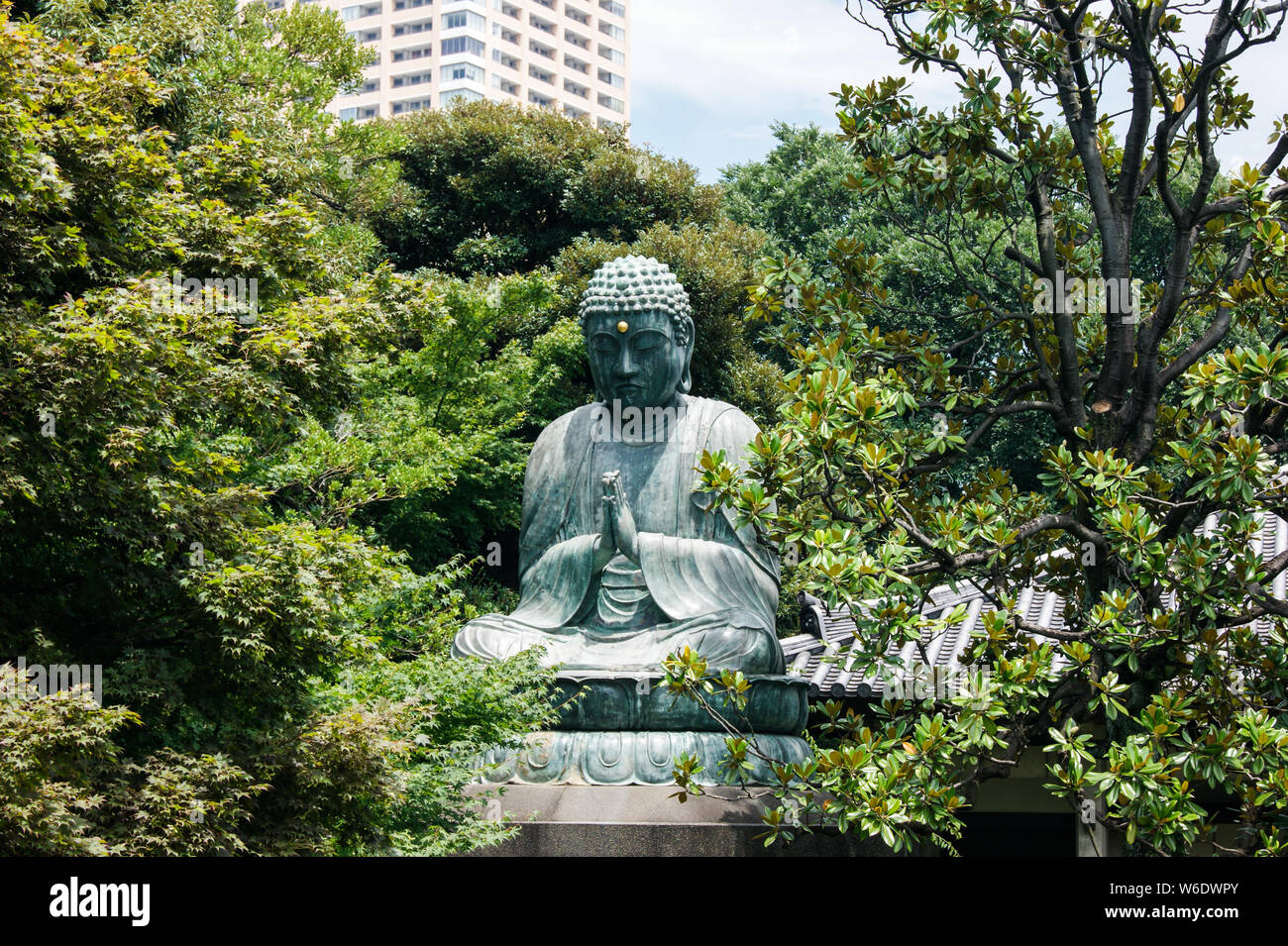 Seduta giapponese statua del Buddha tra gli alberi in un parco vicino alla città Foto Stock