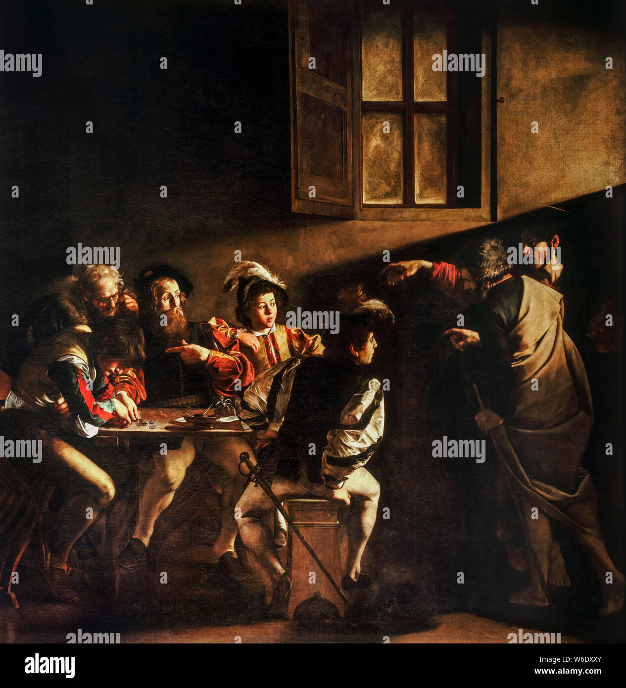 Caravaggio, la Vocazione di San Matteo, pittura, 1599-1600 Foto Stock