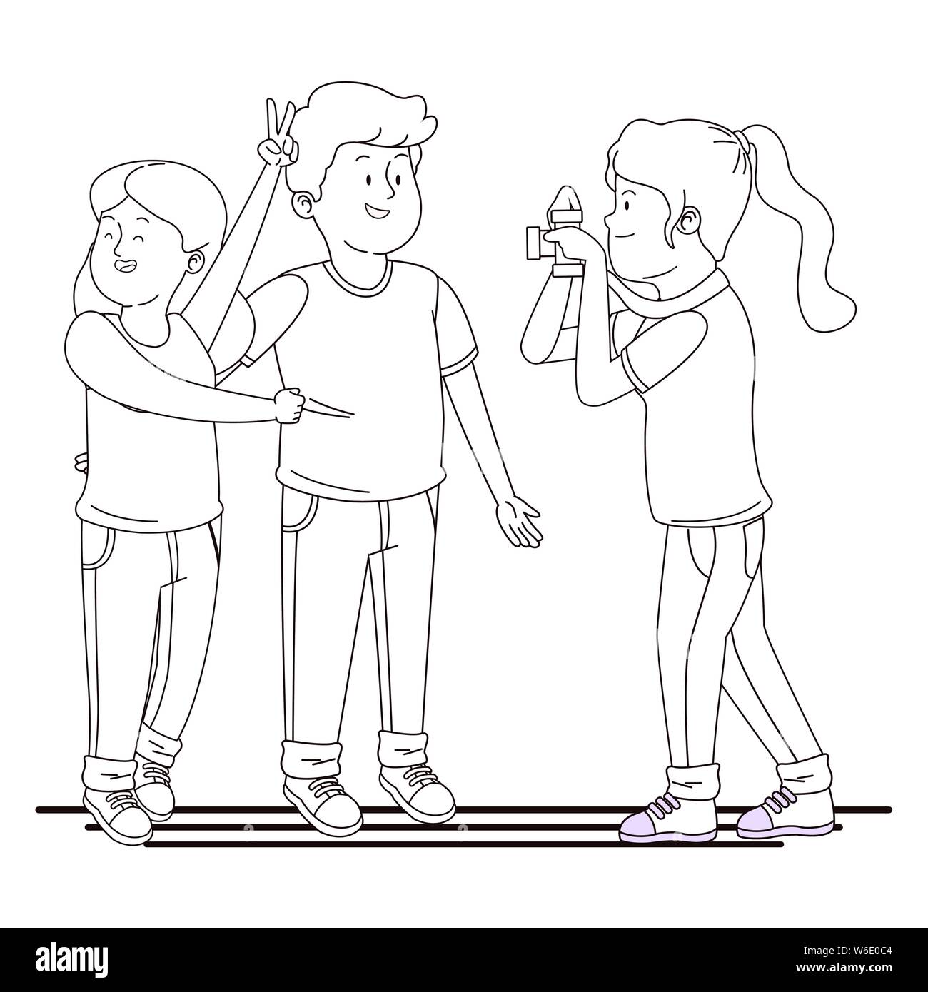 Gli adolescenti amici sorridente e divertirsi in bianco e nero Illustrazione Vettoriale