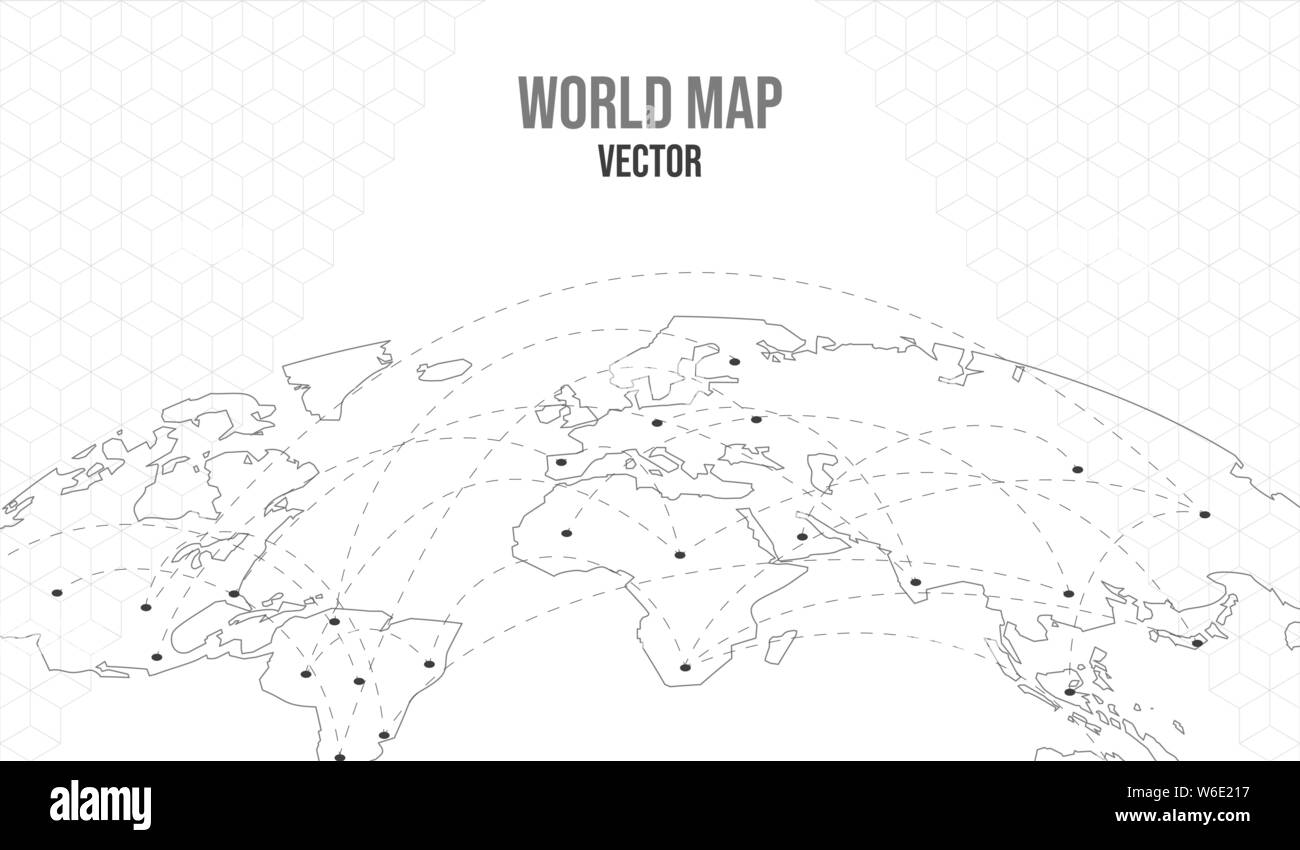 Mappa mondo illustrazione con connessione di rete di sedi in tutto il mondo. Globo vuoto modello isolato su sfondo bianco in prospettiva di curva. Illustrazione Vettoriale