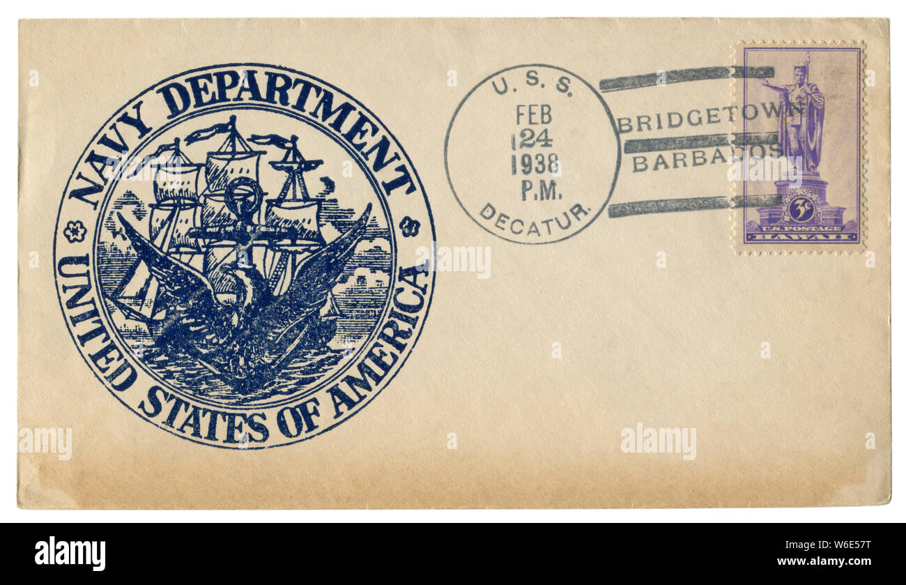 USS Decatur, Bridgetown, Barbados - 24 Febbraio 1938: noi busta storico: il coperchio con il cachet Dipartimento della Marina Militare, Stati Uniti d'America Foto Stock