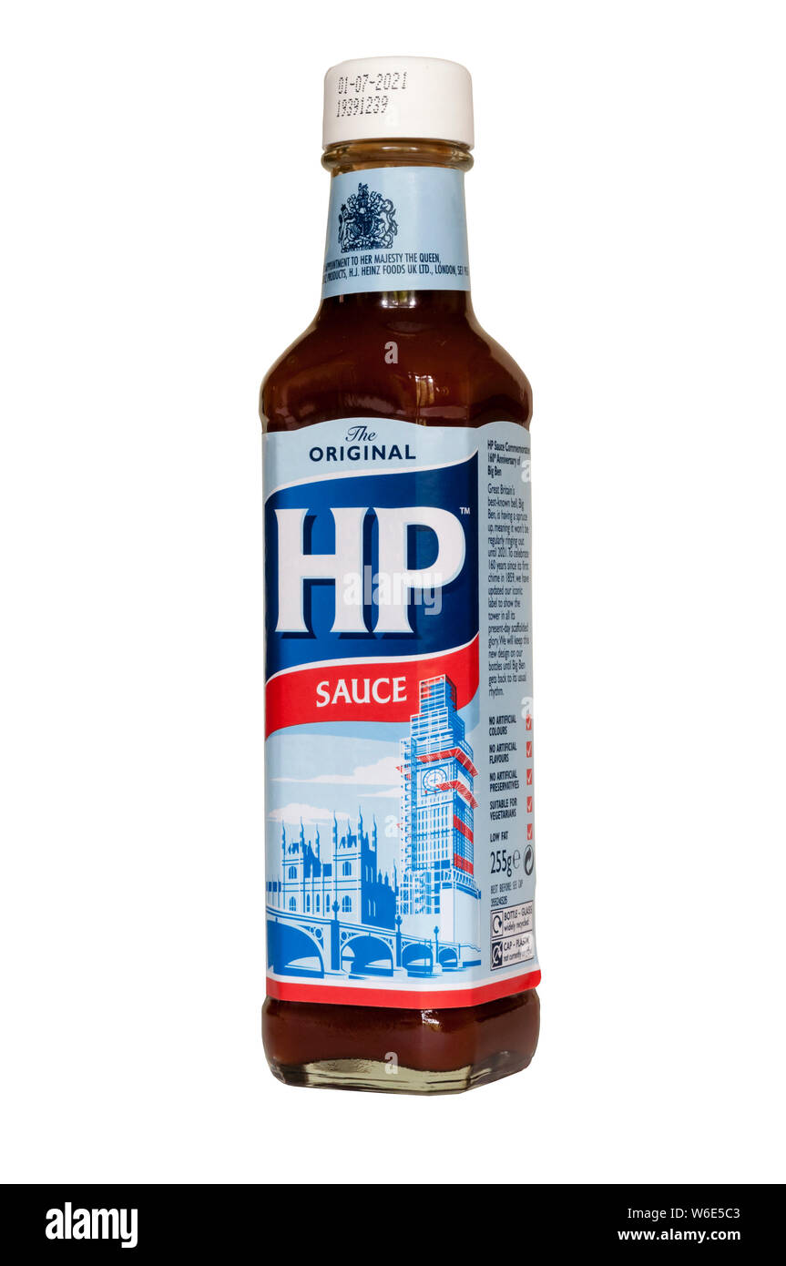La mitica Salsa HP etichetta è stata aggiornata per includere il ponteggio attualmente intorno alla torre di Elizabeth. Per celebrare il centosessantesimo anniversario della Big Ben. Foto Stock