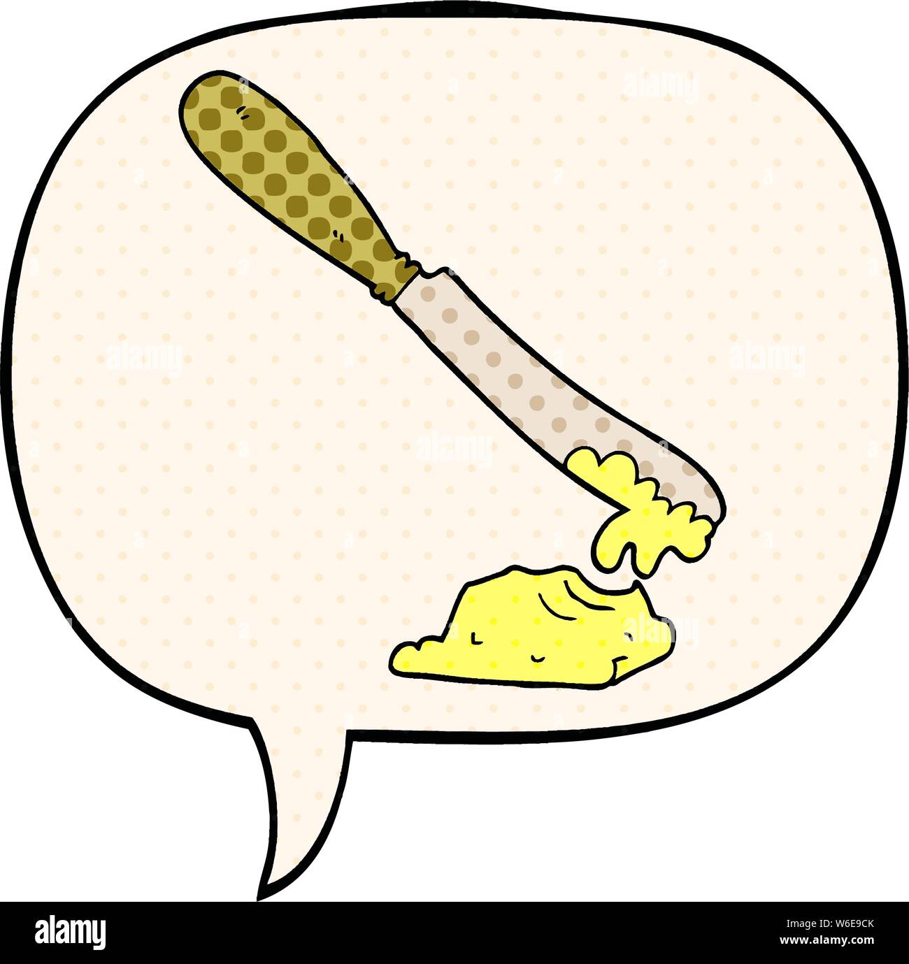 Cartoon spalmatura a coltello burro con discorso bolla in stile fumetto Illustrazione Vettoriale