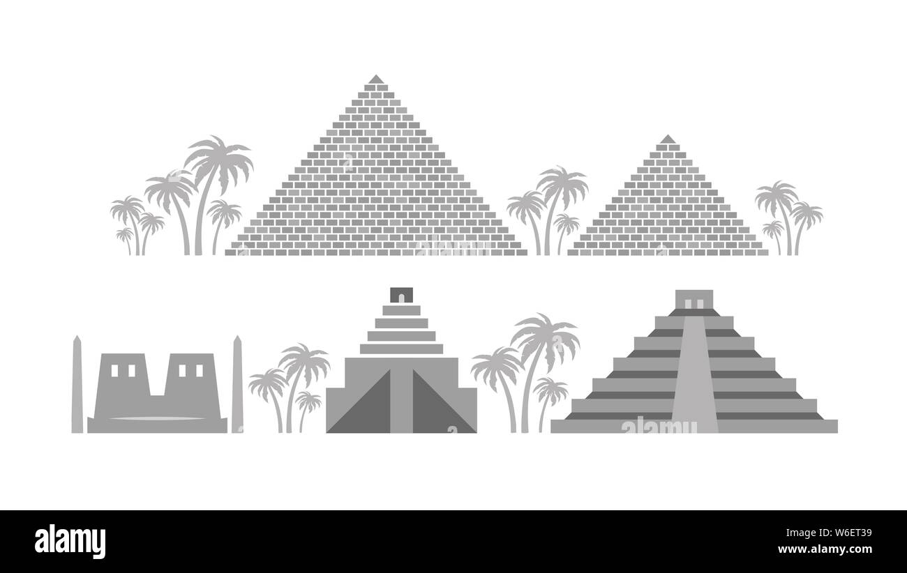Piramidi e templi di antico Egitto, Babilonia, Maya. Il patrimonio di architettura di antiche civiltà del Medio Oriente e del Nord Africa, America centrale. Illustrazione Vettoriale