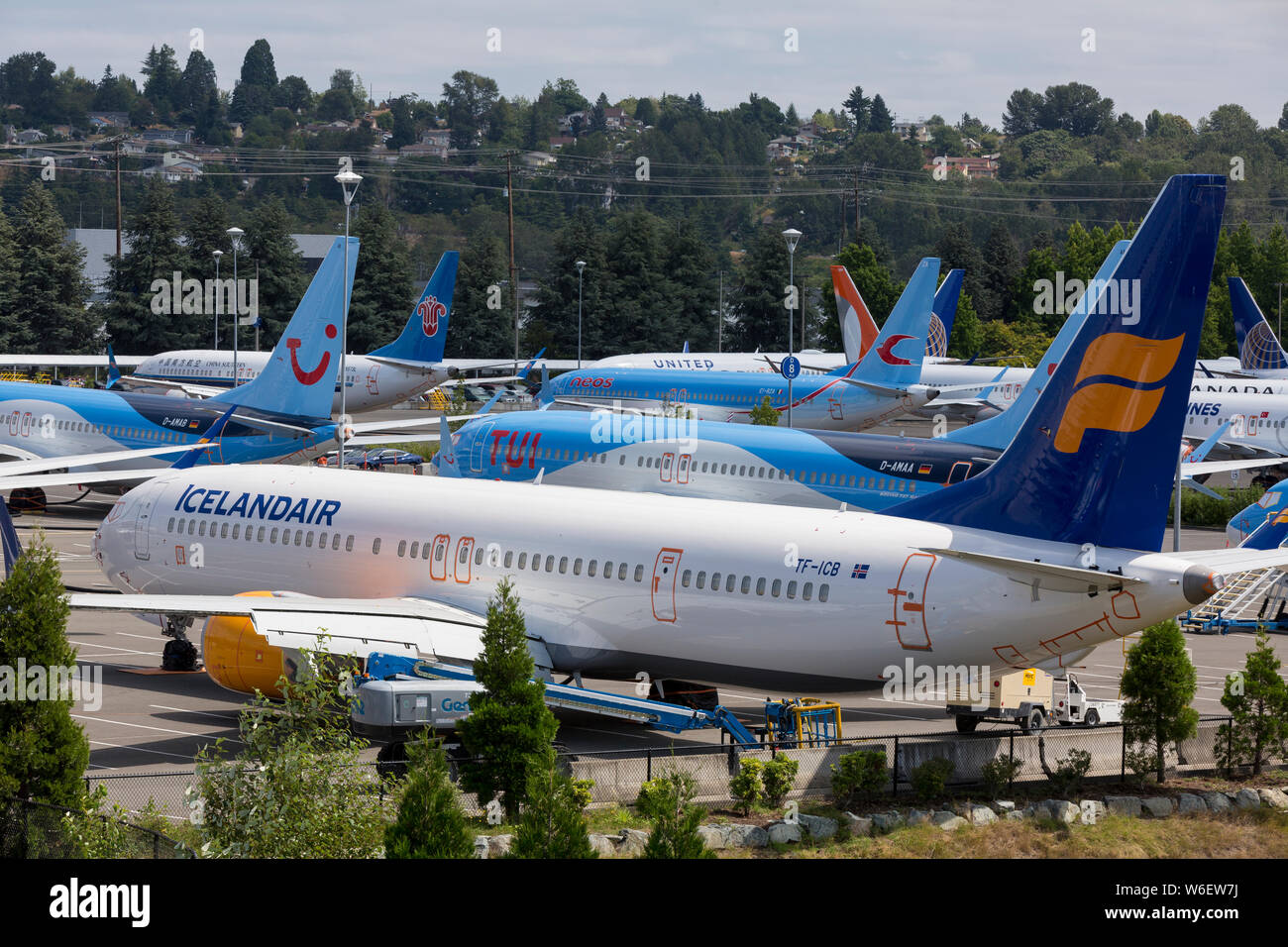 Decine di undelivered 737 MAX aeroplani riempire il Boeing impianto 2 dipendente della fabbrica parcheggio su luglio 30, 2019. Foto Stock
