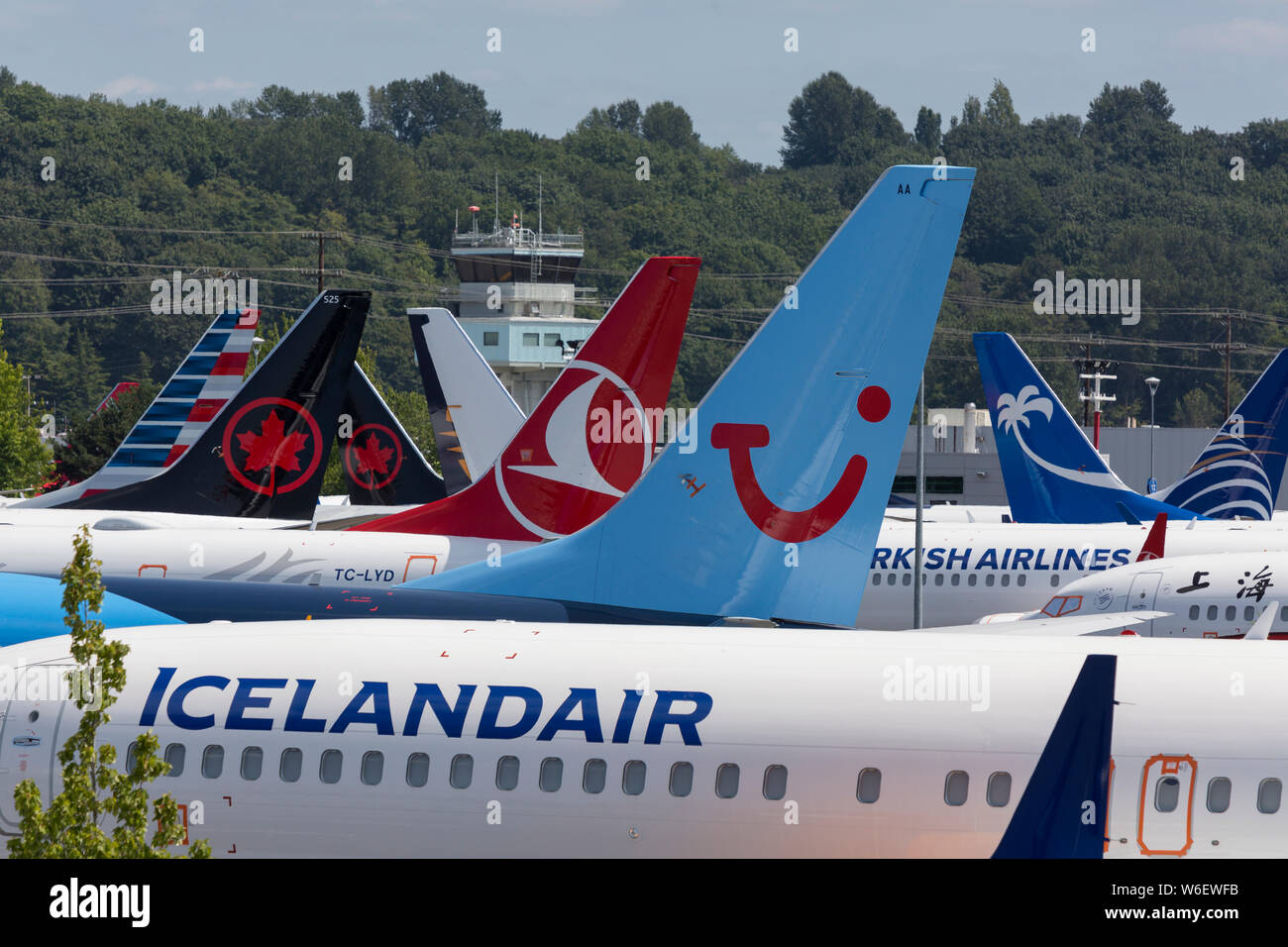 Decine di undelivered 737 MAX aeroplani riempire il Boeing impianto 2 dipendente della fabbrica parcheggio su luglio 30, 2019. Foto Stock