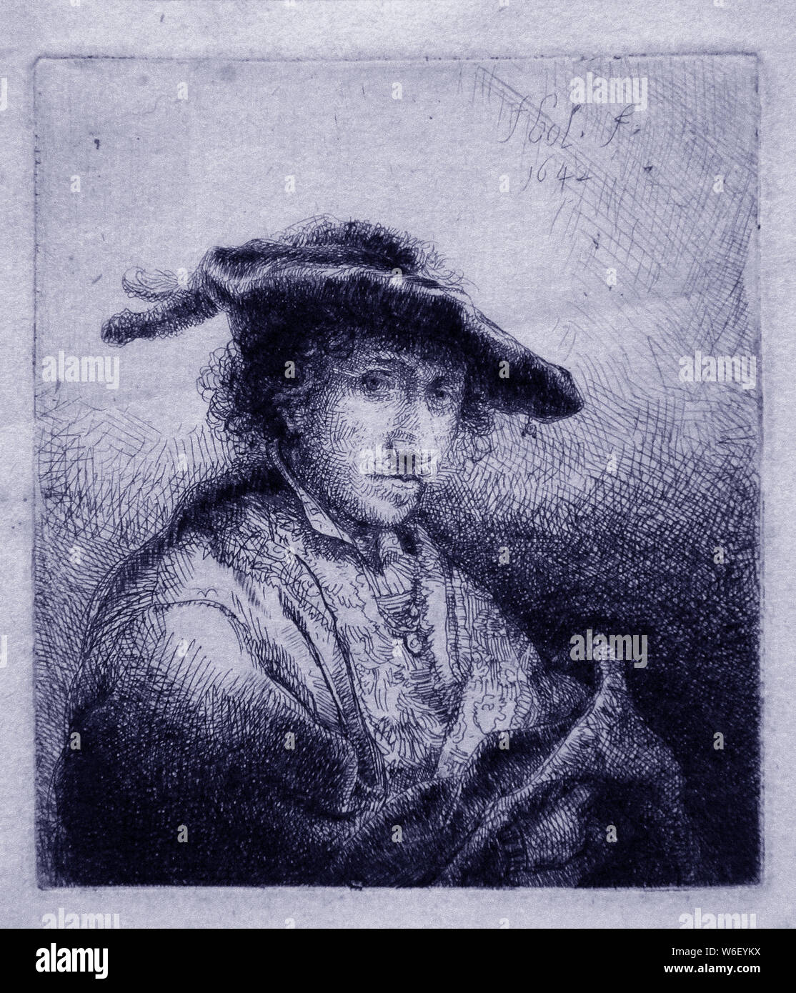 Giovane con un berretto piumato 1642 attacco da Ferdinand Bol (1616-1680) era un pittore olandese, incisore e disegnatore Foto Stock