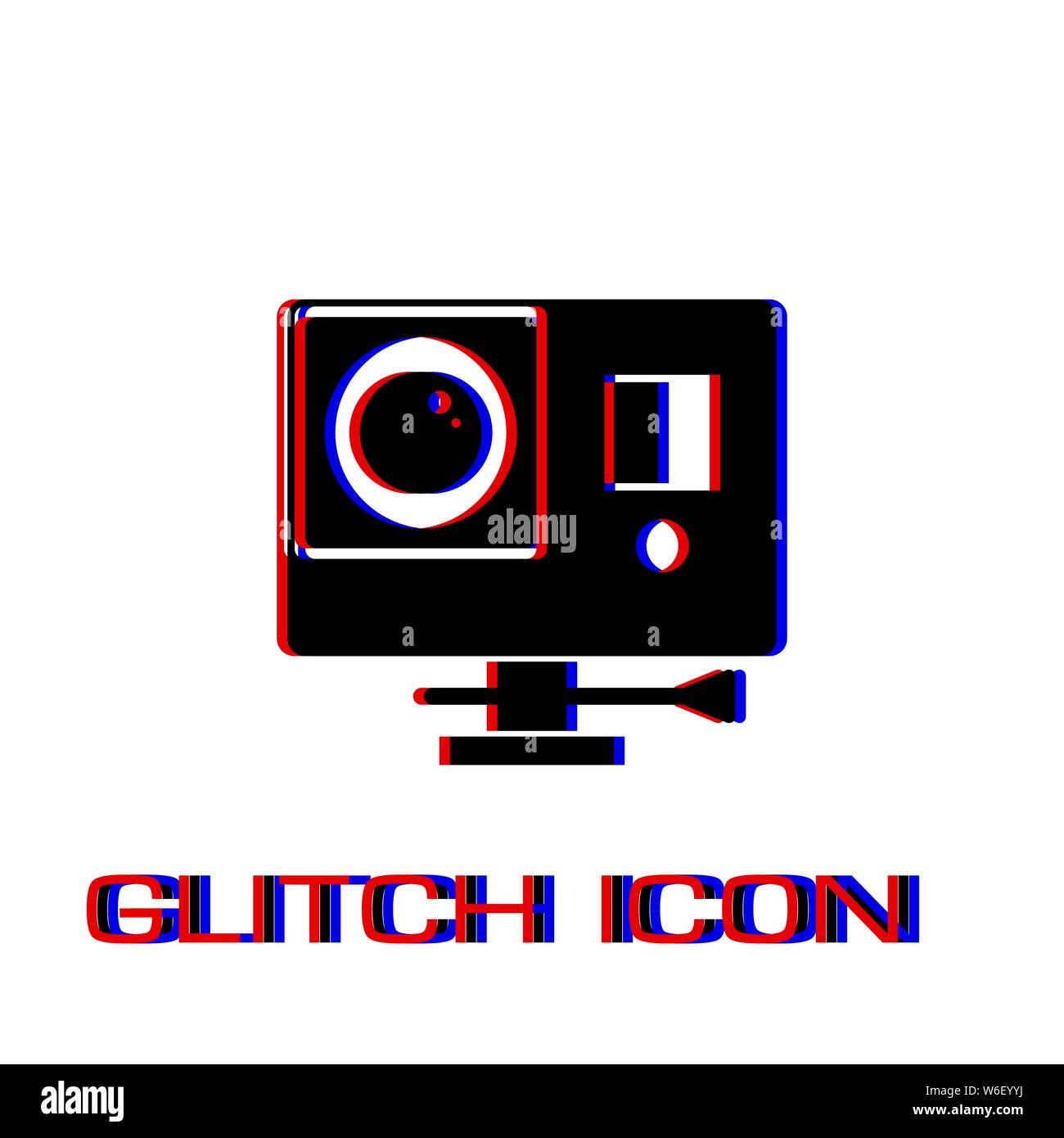Azione icona fotocamera piatta. Pittogramma di semplice - effetto di glitch. Illustrazione Vettoriale simbolo Illustrazione Vettoriale