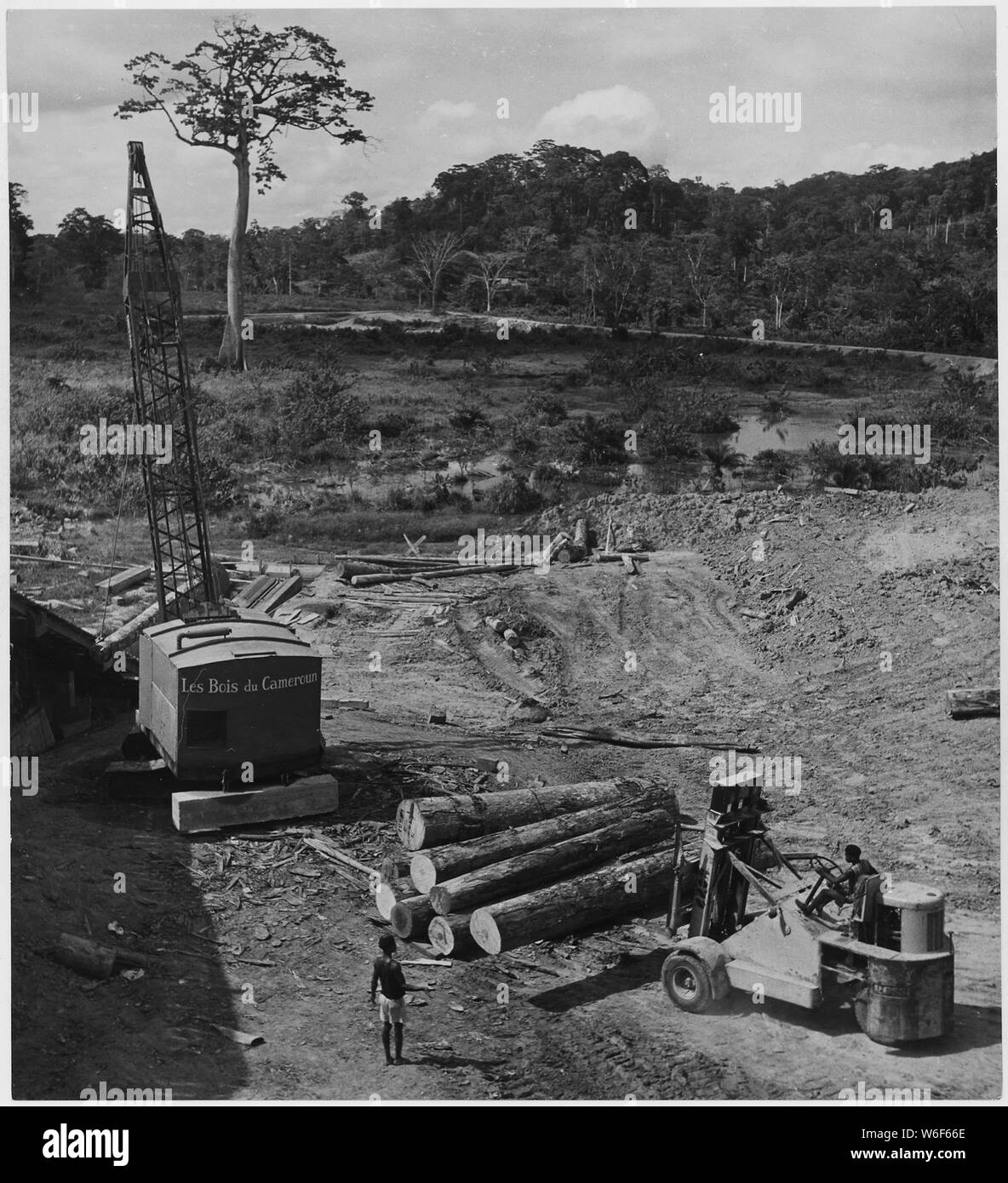 L'Africa. Camerun. Un Orton gru e un Ross fork-lift sono tra le macchine americane fornito dalla cooperazione economica Administration per impieghi pesanti nella segheria cantiere al Eséka, sede di Les Bois du Cameroun Foto Stock