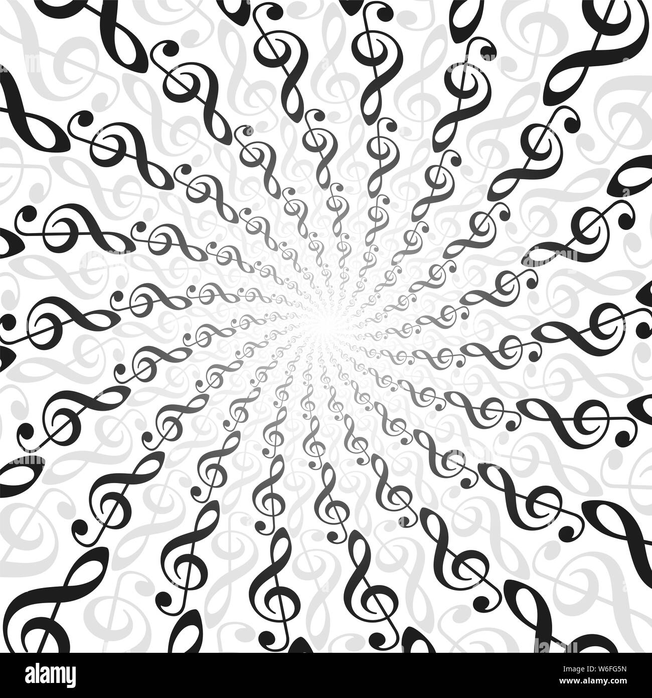 Treble clefs music spirale pattern. Radiale tunnel energetico con luce centrale. Circolari intrecciati fractal illustrazione dello sfondo. Foto Stock