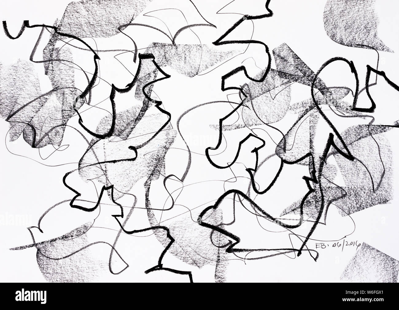 Disegno astratto (asemic writing) a matita e matita colorata da Ed Buziak. Foto Stock