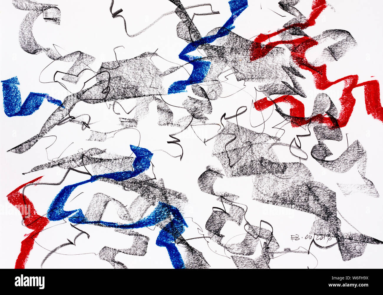 Disegno astratto (asemic writing) a matita e matita colorata da Ed Buziak. Foto Stock