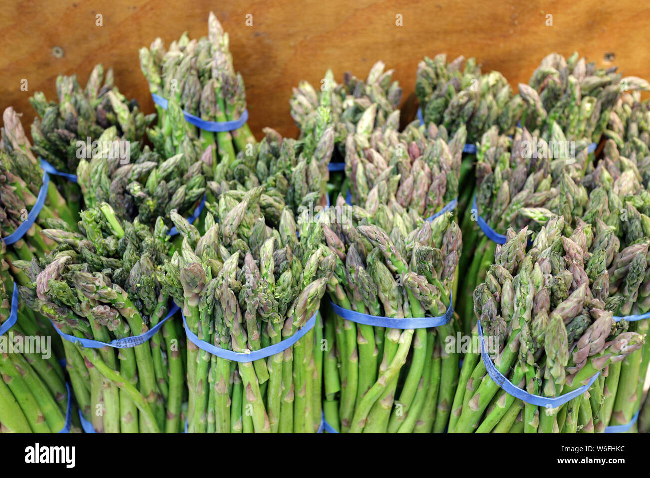Un sacco di mazzi di asparagi al posto di mercato Foto Stock