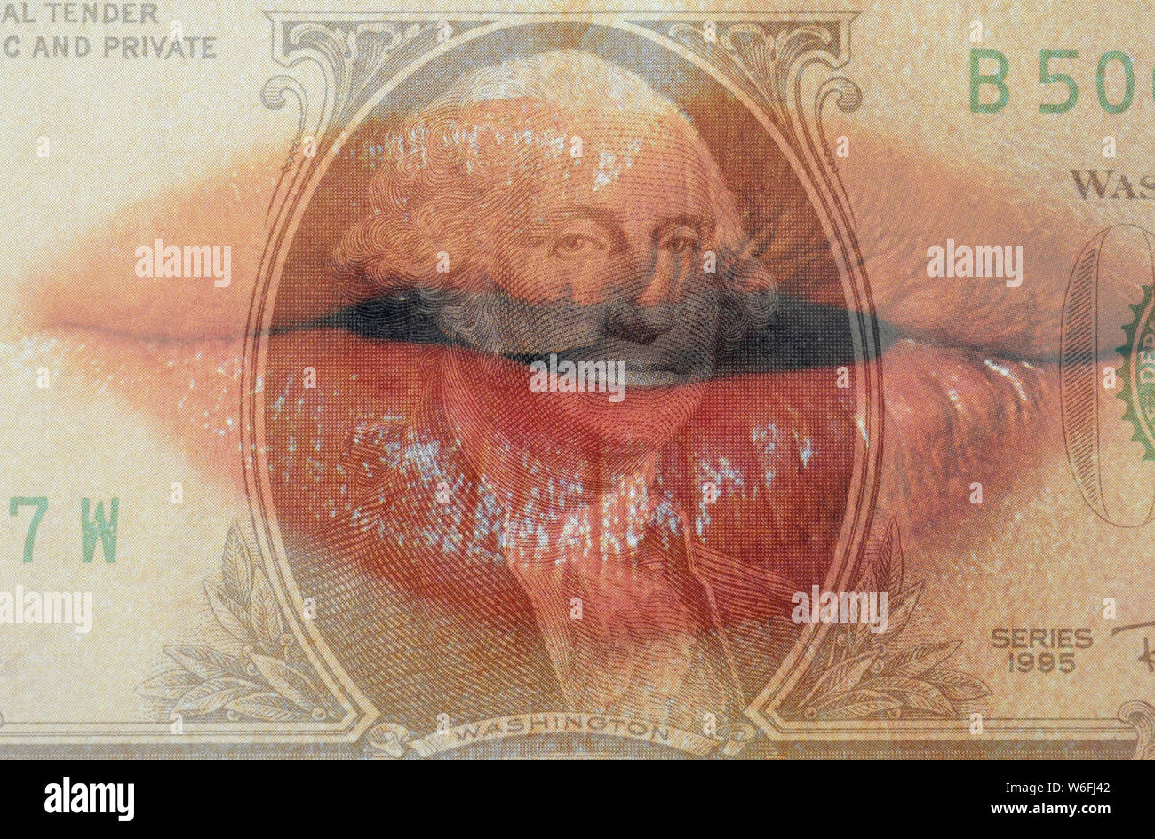 Doppia esposizione della donna le labbra e un dollaro Foto Stock