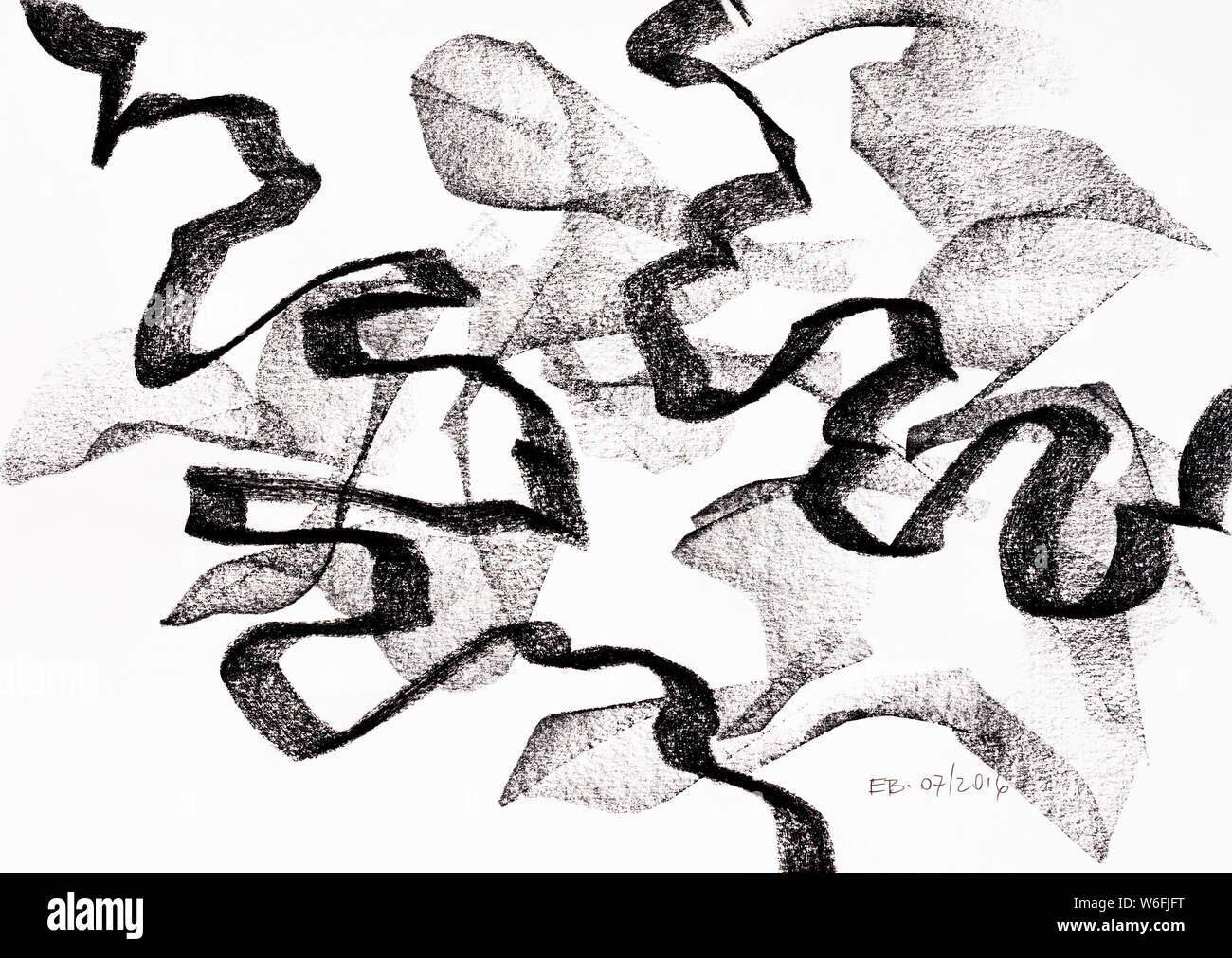 Disegno astratto (asemic writing) a matita e matita colorata da Ed Buziak. Foto Stock