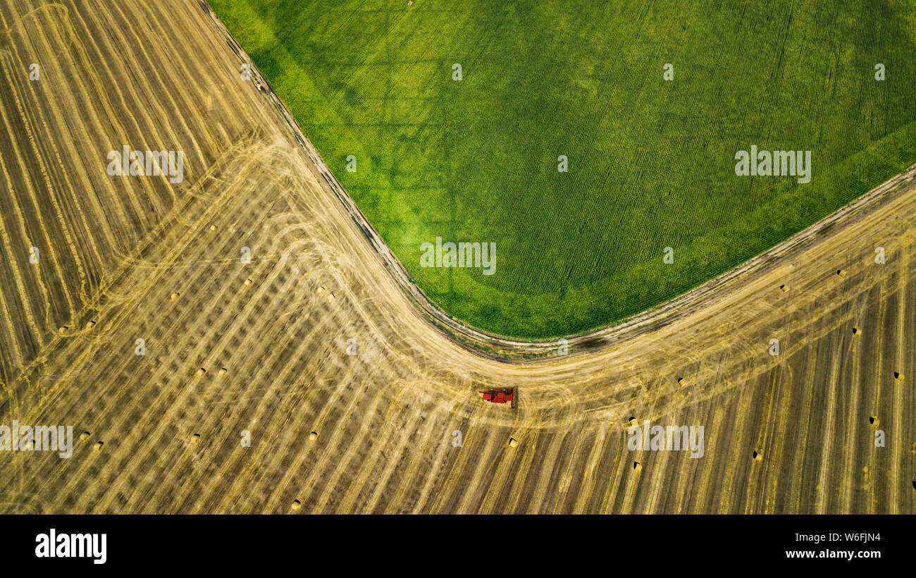Verde e giallo campi vista da sopra con drone Foto Stock