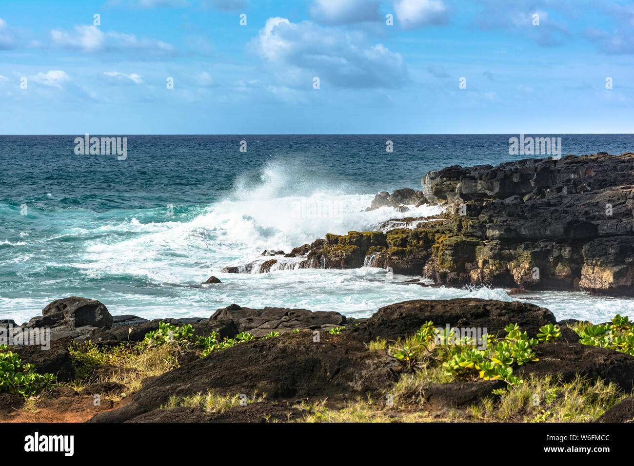 La costa lungo la baia di Keoniloa, Kauai, Hawaii Foto Stock