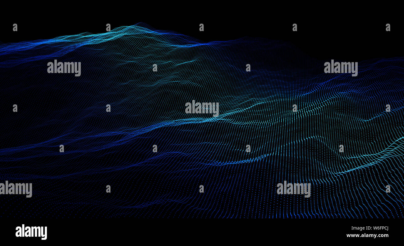 3D Image Rendering di una tratteggiata onda blu su sfondo nero. Foto Stock
