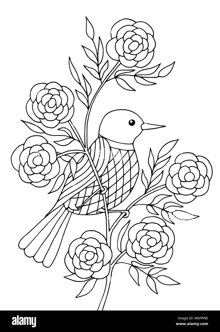 Bird seduto su un ramo di un albero di fioritura, pagina da colorare per bambini e adulti Illustrazione Vettoriale