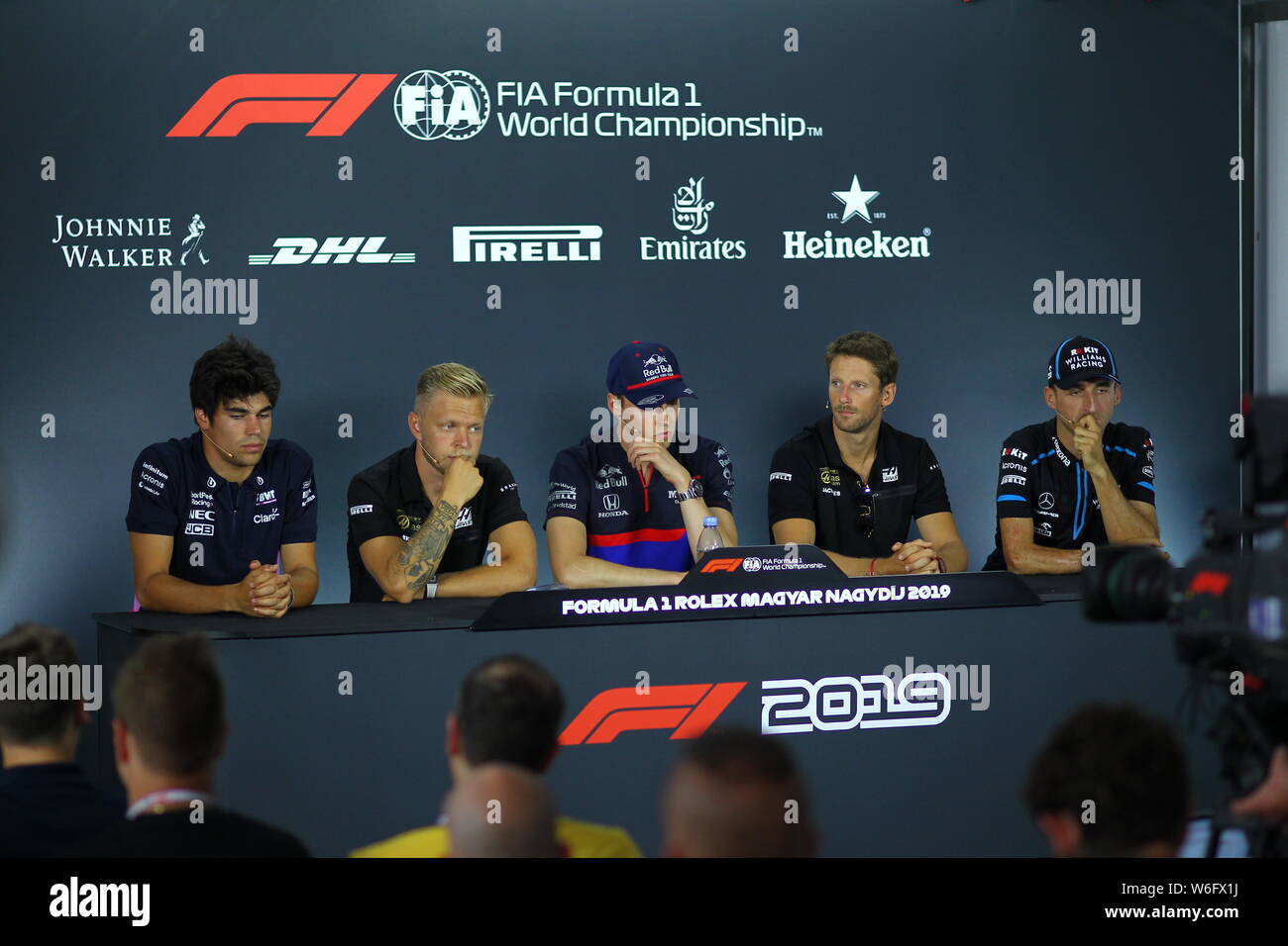 Budapest, Ungheria. 1 agosto 2019. Premere il tasto conferenza Ungarian GP, Hungaroring 2019, lancia passeggiata, Kevin Magnussen, Danijl Kyviat, Romain Grosjean, Robert Kubica Credit: Indipendente Agenzia fotografica/Alamy Live News Foto Stock