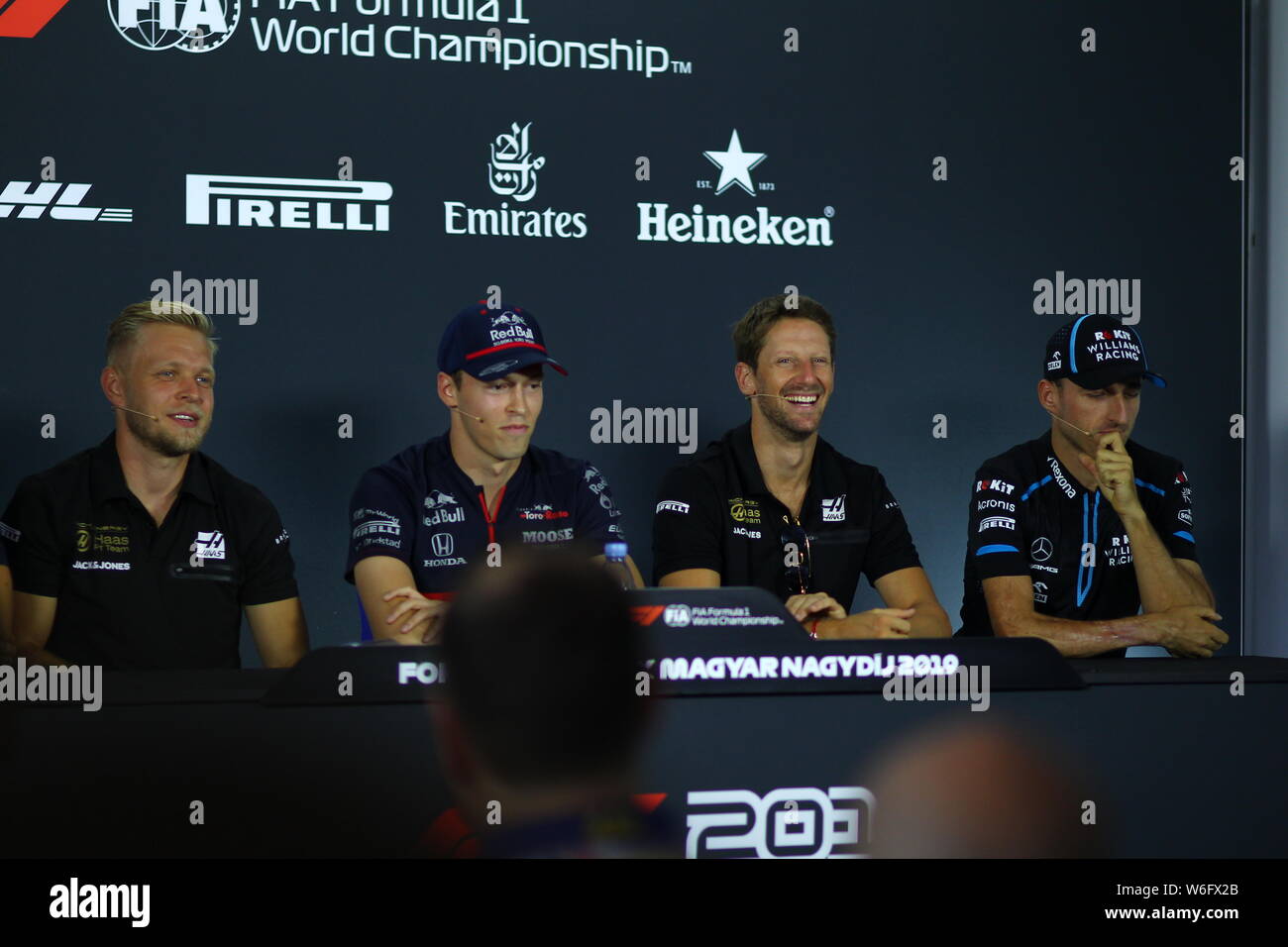Budapest, Ungheria. 1 agosto 2019. Premere il tasto conferenza Ungarian GP, Hungaroring 2019, lancia passeggiata, Kevin Magnussen, Danijl Kyviat, Romain Grosjean, Robert Kubica Credit: Indipendente Agenzia fotografica/Alamy Live News Foto Stock