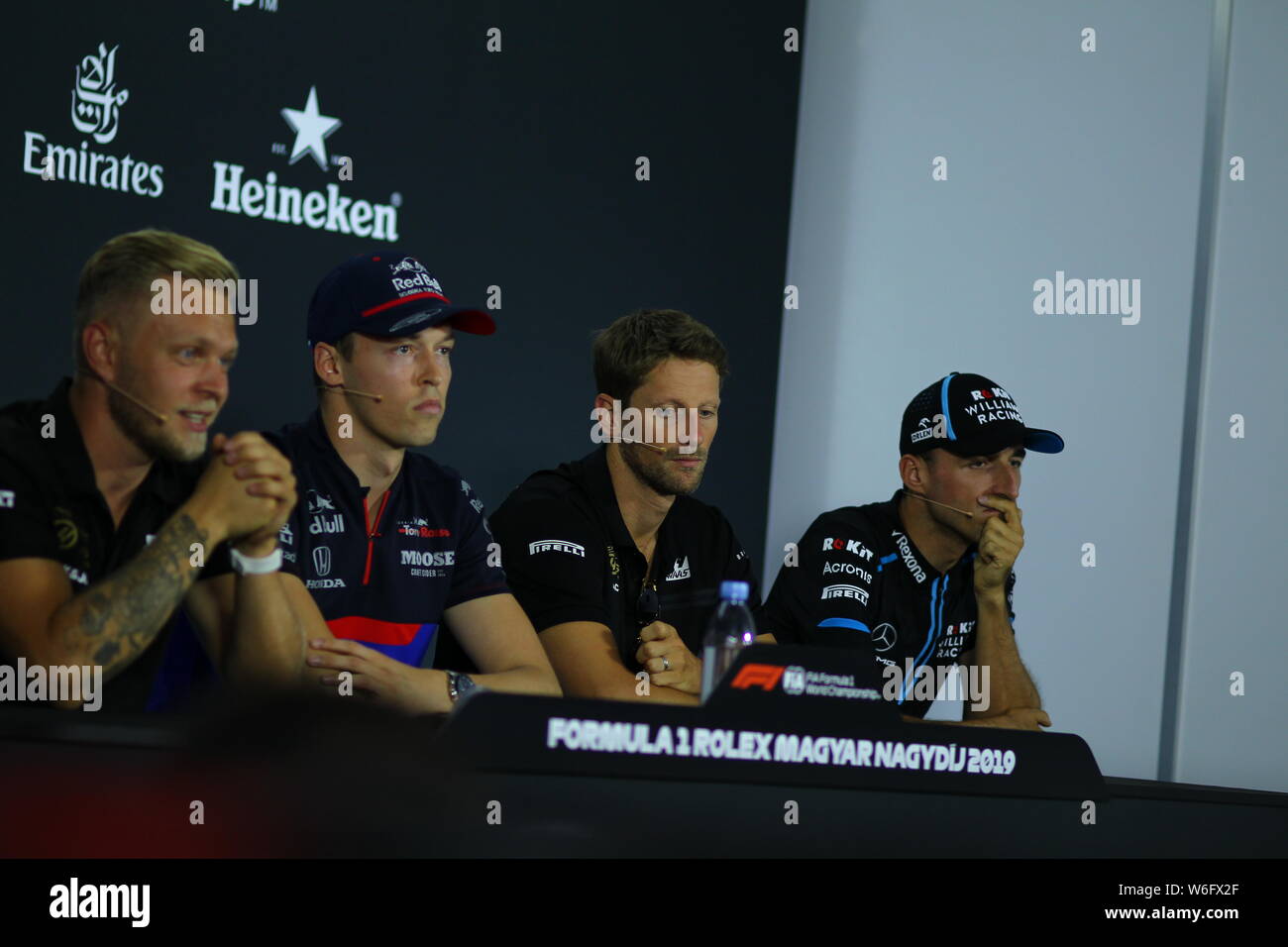 Budapest, Ungheria. 1 agosto 2019. Premere il tasto conferenza Ungarian GP, Hungaroring 2019, lancia passeggiata, Kevin Magnussen, Danijl Kyviat, Romain Grosjean, Robert Kubica Credit: Indipendente Agenzia fotografica/Alamy Live News Foto Stock