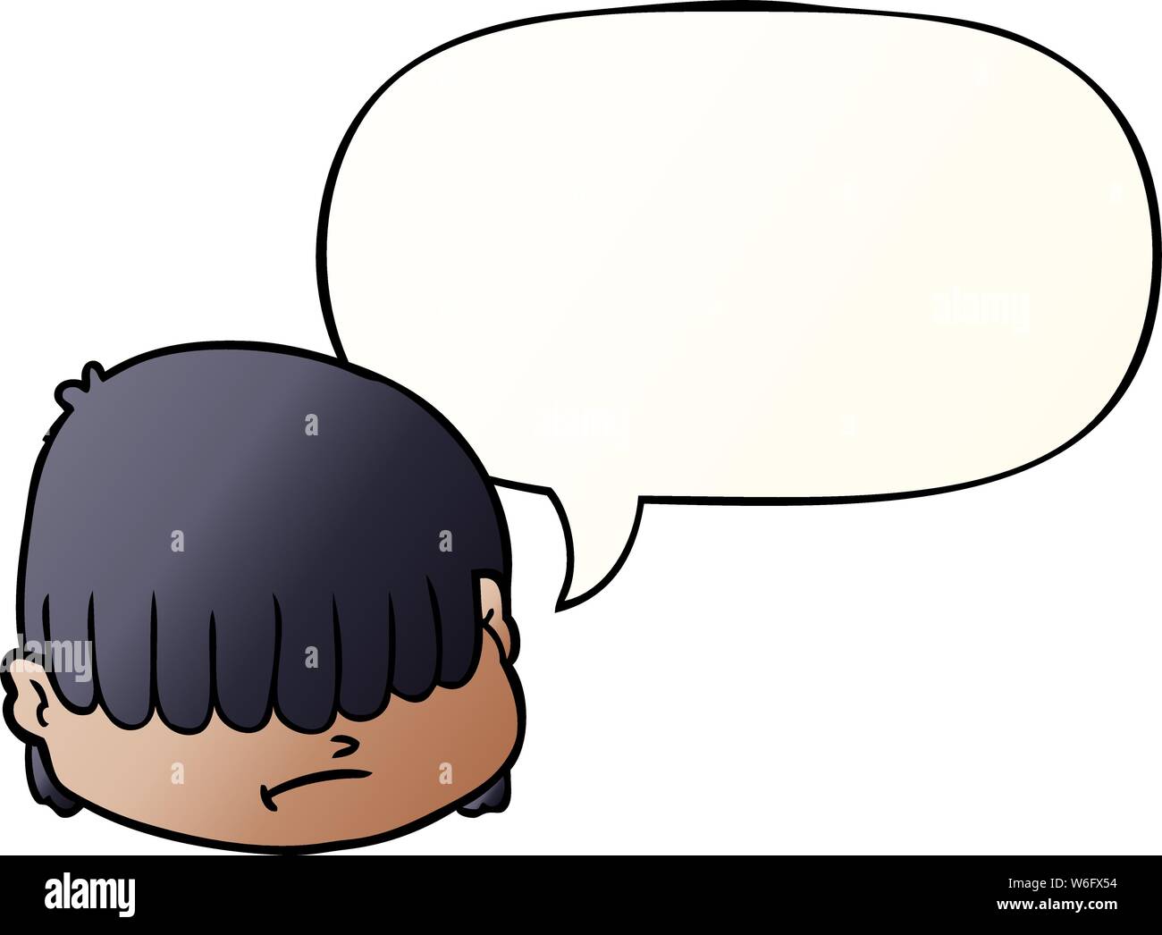 Cartoon faccia con capelli sopra gli occhi con il discorso di bolla in buon stile gradiente Illustrazione Vettoriale