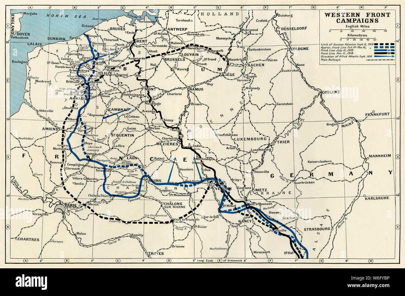 Millitary campagne sul fronte occidentale, guerra mondiale I. di colore della Stampa mappa Foto Stock