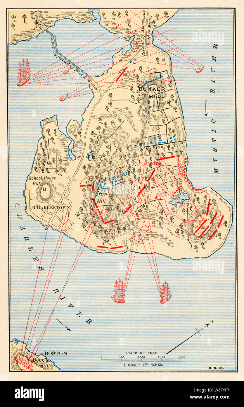 Bunker Hill mappa del campo di battaglia, 1775, Rivoluzione Americana. Litografia a colori Foto Stock