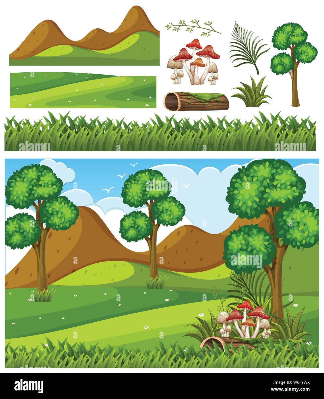 Natura paesaggio di boschi con alberi e illustrazione di funghi Illustrazione Vettoriale